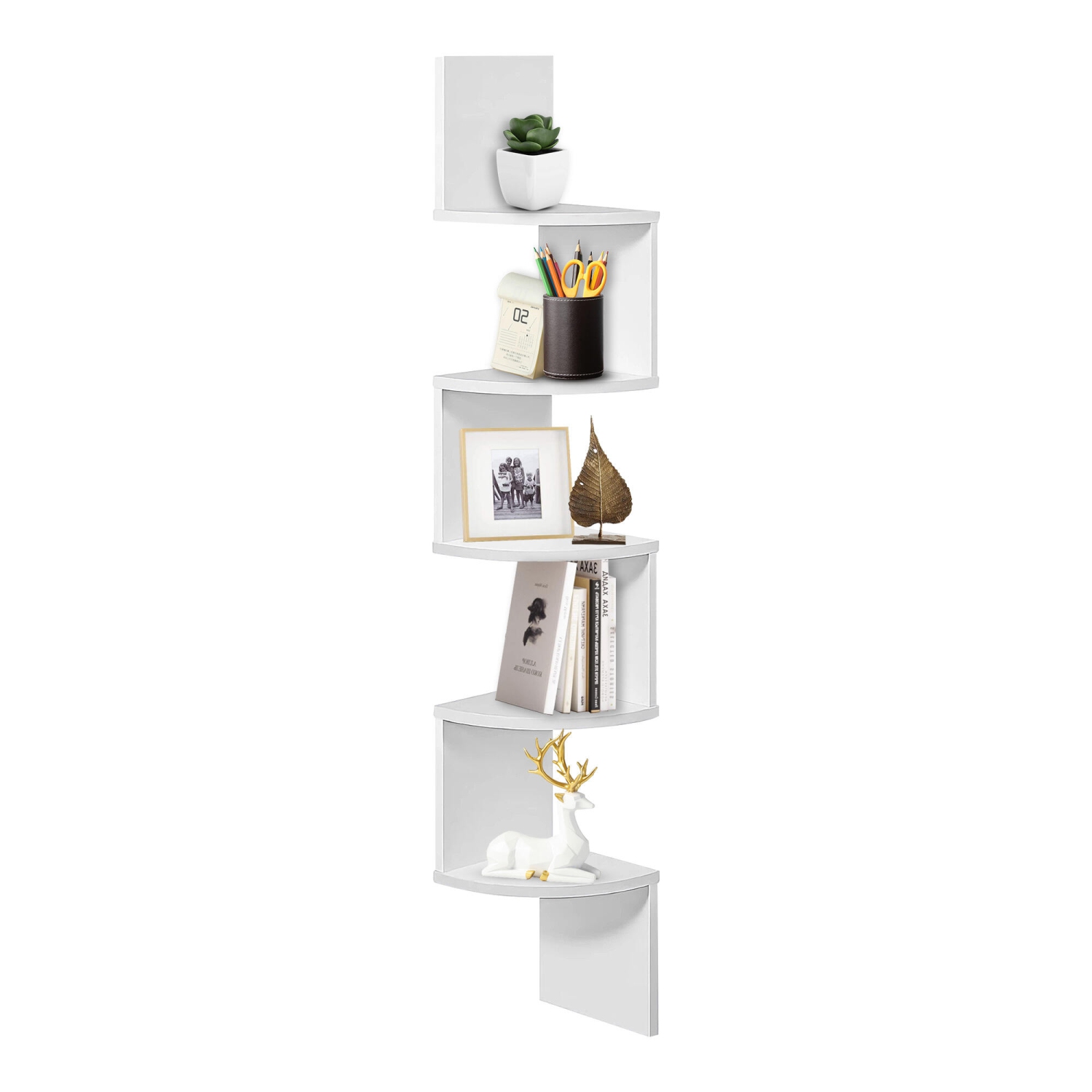 Wall Mount Corner Shelves, 5-Tier Wooden Floating Wall Shelf Organizer Storage for Bedroom, Living Room, Office