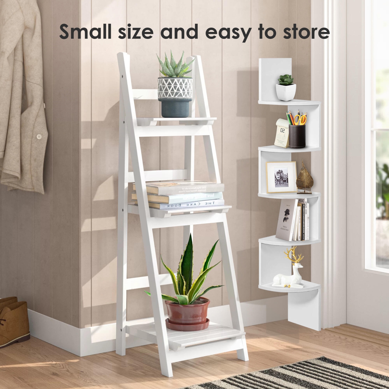 Wall Mount Corner Shelves, 5-Tier Wooden Floating Wall Shelf Organizer Storage for Bedroom, Living Room, Office