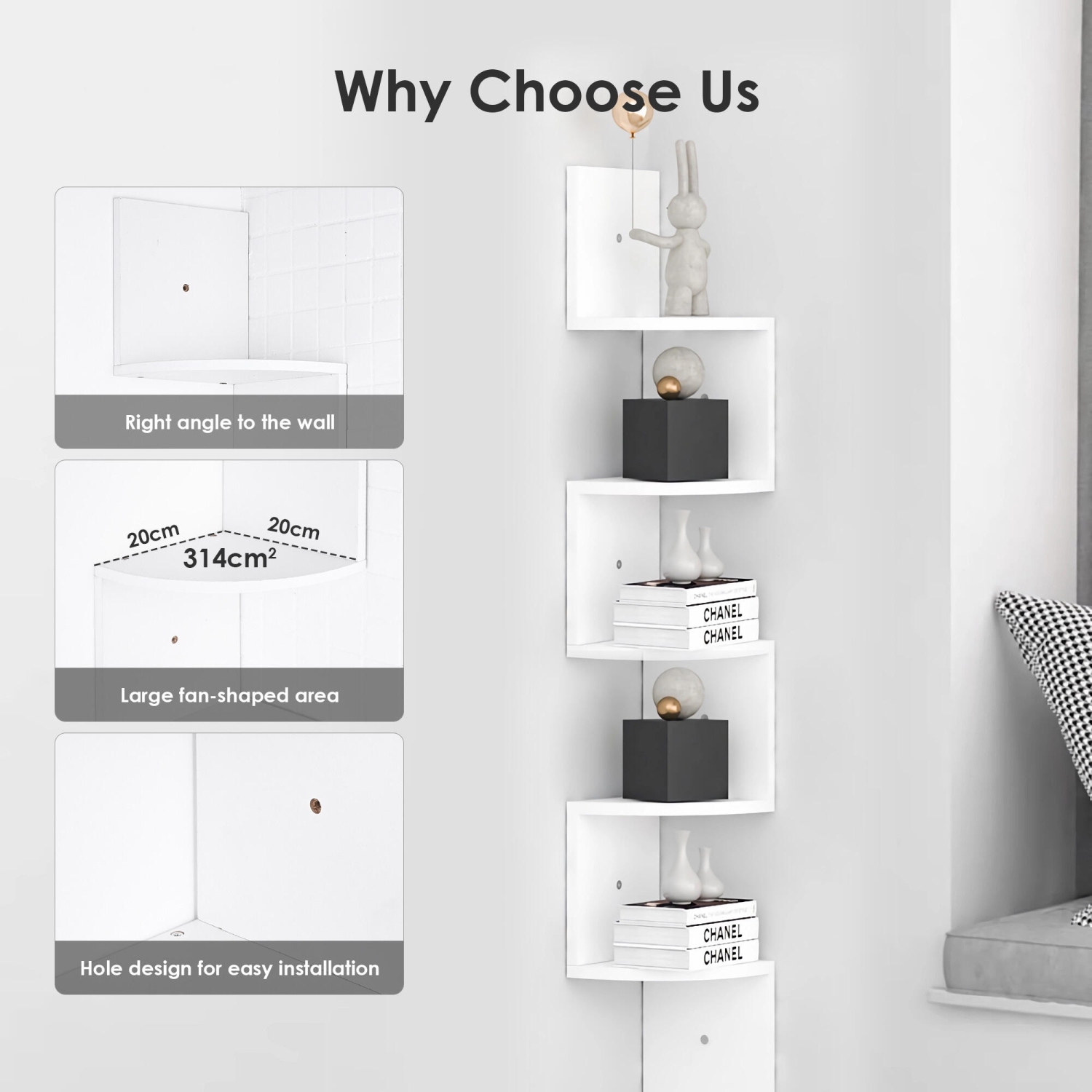 Wall Mount Corner Shelves, 5-Tier Wooden Floating Wall Shelf Organizer Storage for Bedroom, Living Room, Office