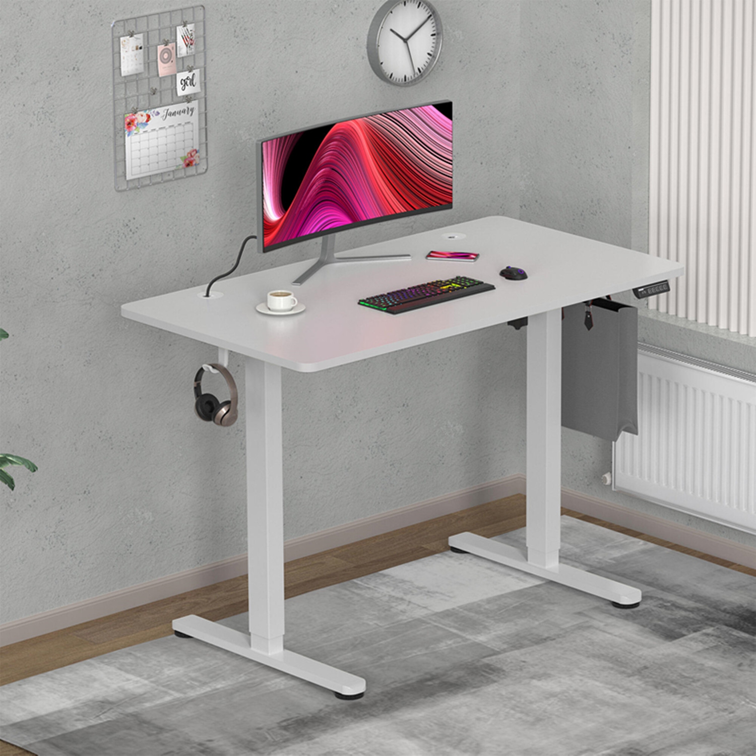Height Adjustable Sit Stand Desk , 43" X 24" Electric Standing Desk Computer Desk with Hanging Hooks and Cable Management(Whole-Piece Desktop, 154lbs