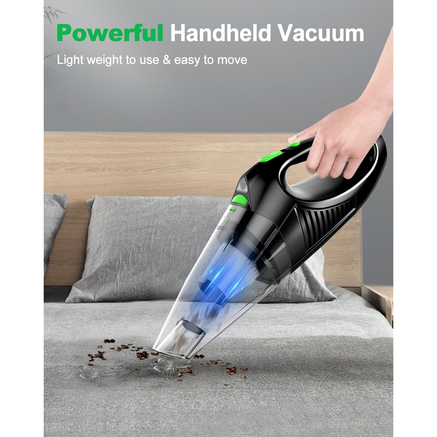 NIERBO Portable Rechargeable Car Vacuum Cleaner High Power with Fast Charge Tech, Powerful Wireless Hand Held Vacuum for Pets, Car, Home, Green