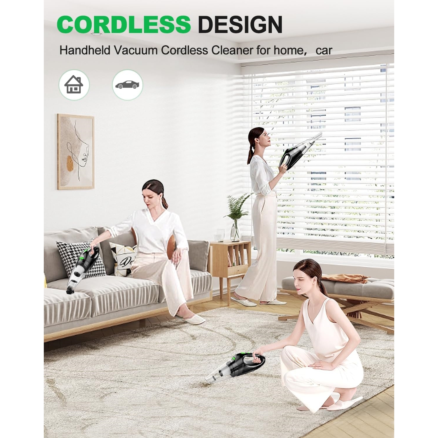 NIERBO Portable Rechargeable Car Vacuum Cleaner High Power with Fast Charge Tech, Powerful Wireless Hand Held Vacuum for Pets, Car, Home, Green