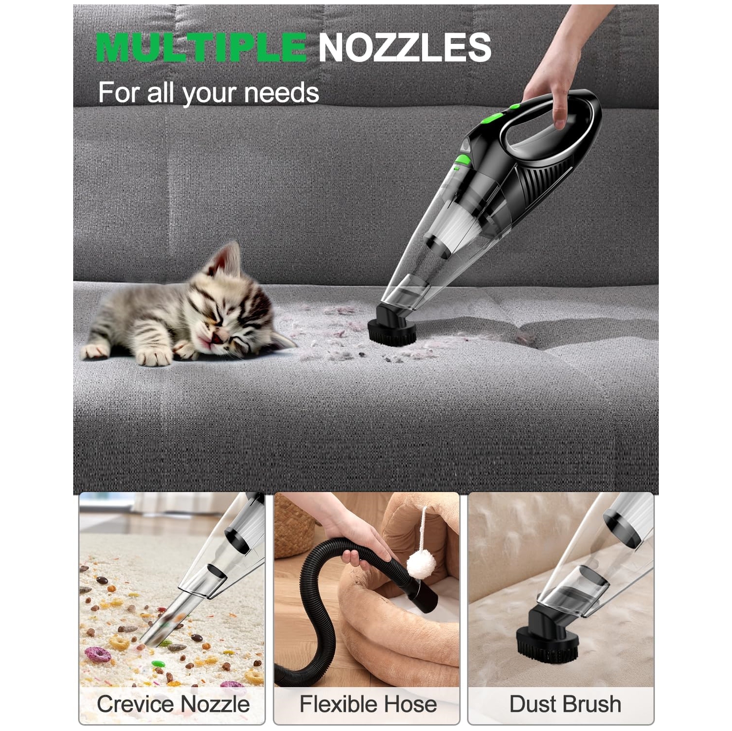 NIERBO Portable Rechargeable Car Vacuum Cleaner High Power with Fast Charge Tech, Powerful Wireless Hand Held Vacuum for Pets, Car, Home, Green