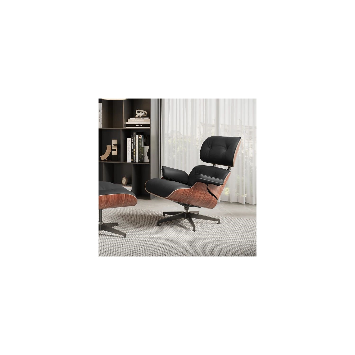 Valencia Armoni Eames Replica Leather Lounge Chair & Ottoman Black