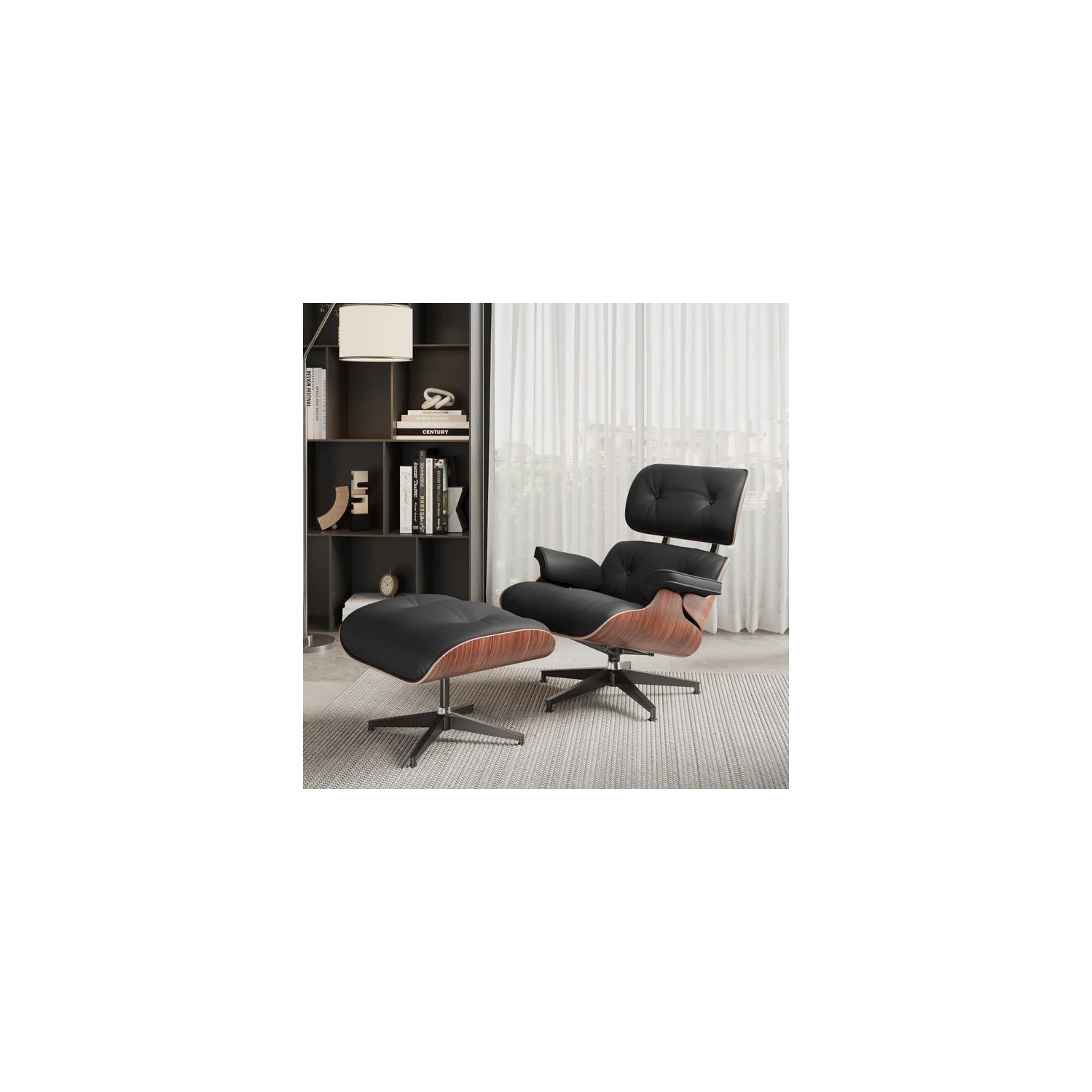 Valencia Armoni Eames Replica Leather Lounge Chair & Ottoman Black