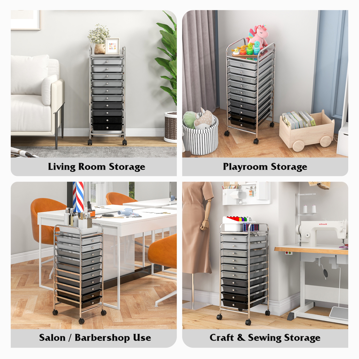 Costway 10 Drawer Rolling Storage Cart Scrapbook Paper Office School Organizer