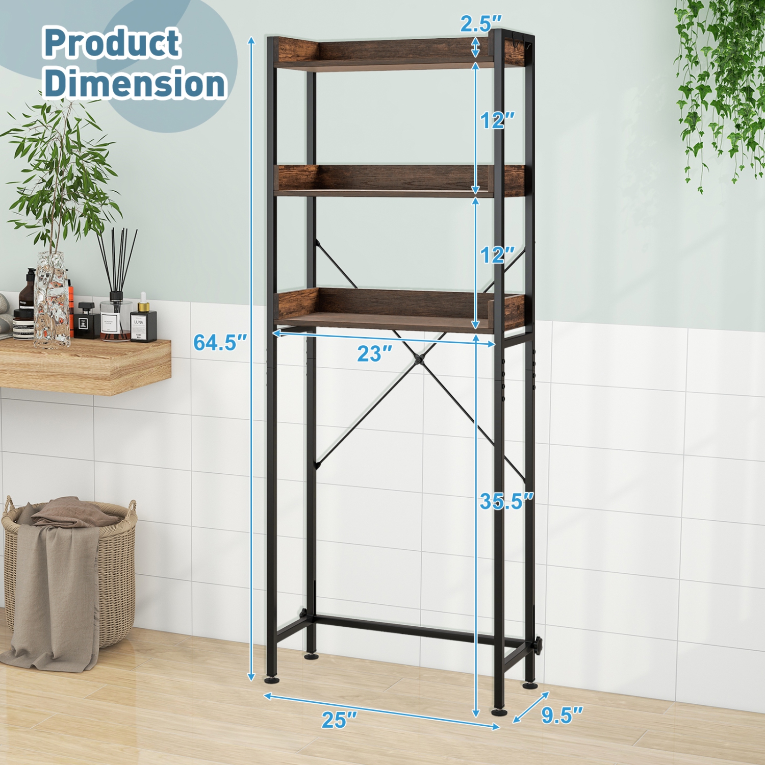 Costway 3-Tier Over-The-Toilet Bathroom Shelf Metal Frame Space Saver Rack with 4 Hooks