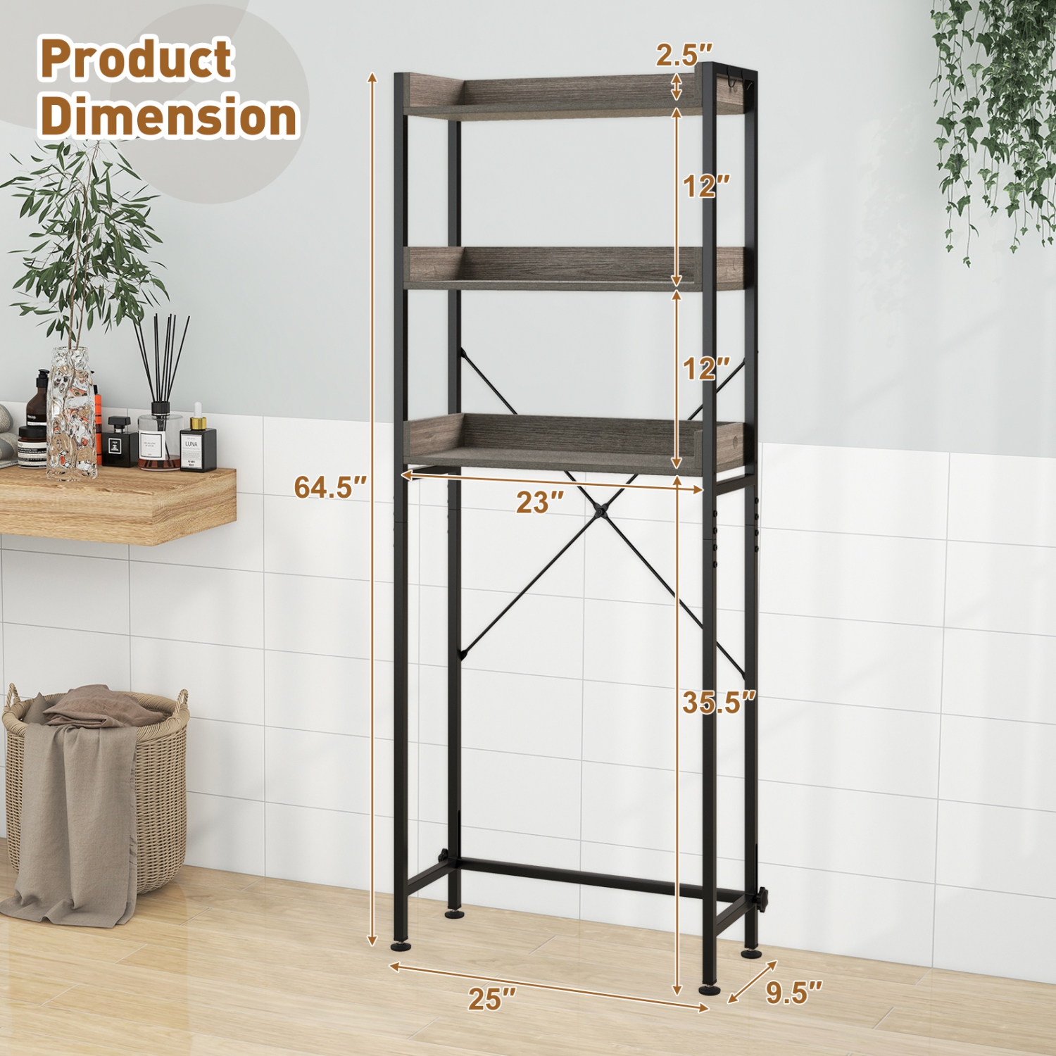 Costway 3-Tier Over-The-Toilet Bathroom Shelf Metal Frame Space Saver Rack with 4 Hooks