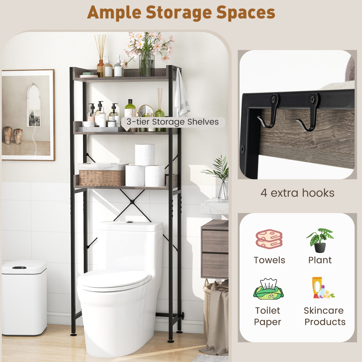 Costway 3-Tier Over-The-Toilet Bathroom Shelf Metal Frame Space Saver Rack with 4 Hooks