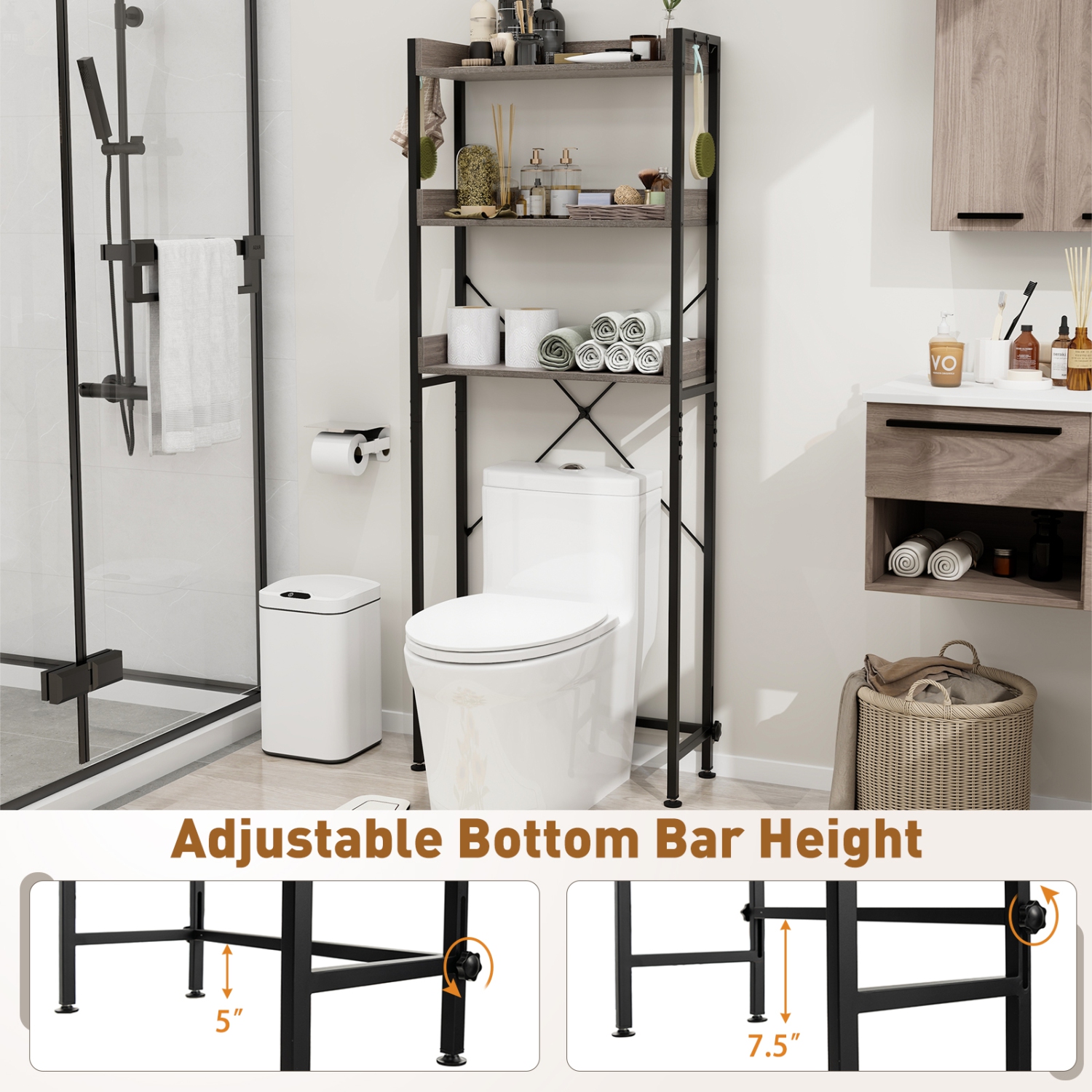 Costway 3-Tier Over-The-Toilet Bathroom Shelf Metal Frame Space Saver Rack with 4 Hooks