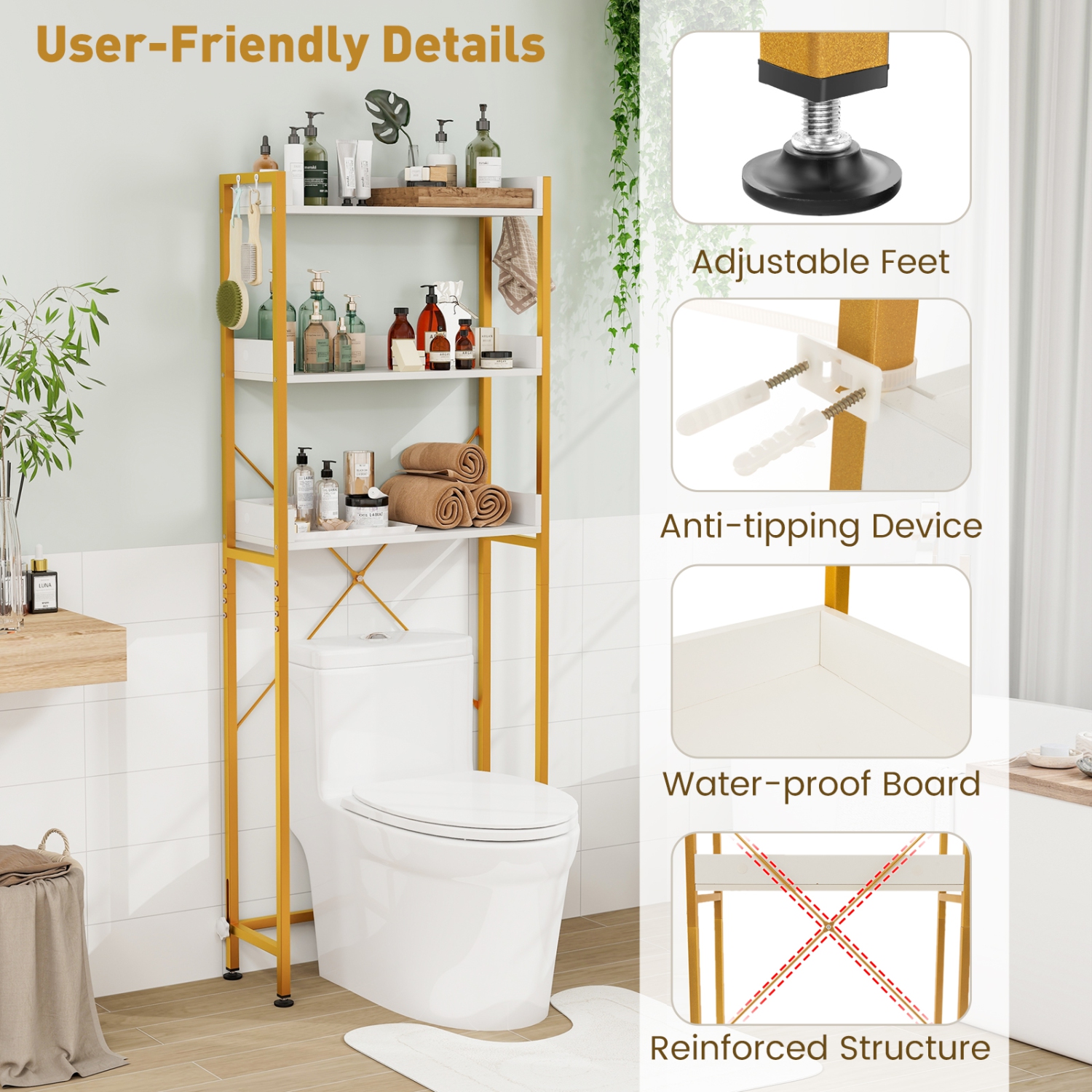 Costway 3-Tier Over-The-Toilet Bathroom Shelf Metal Frame Space Saver Rack with 4 Hooks