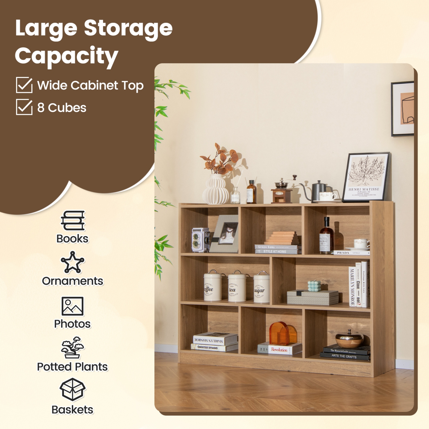 Costway 3-tier Open Bookcase 8-Cube Bookshelf Storage Display Cabinet