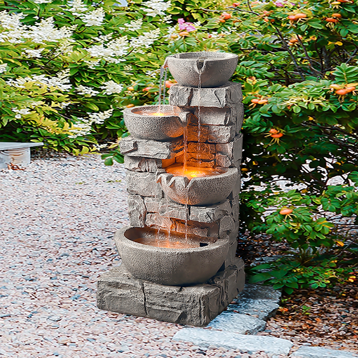 Teamson Home LED Water Fountain Stacked Stone Tiered Bowl Outdoor Grey