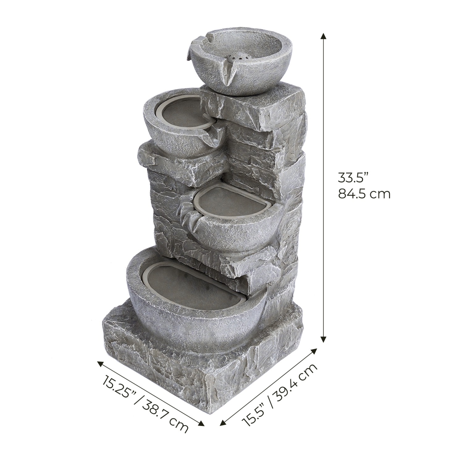 Teamson Home LED Water Fountain Stacked Stone Tiered Bowl Outdoor Grey