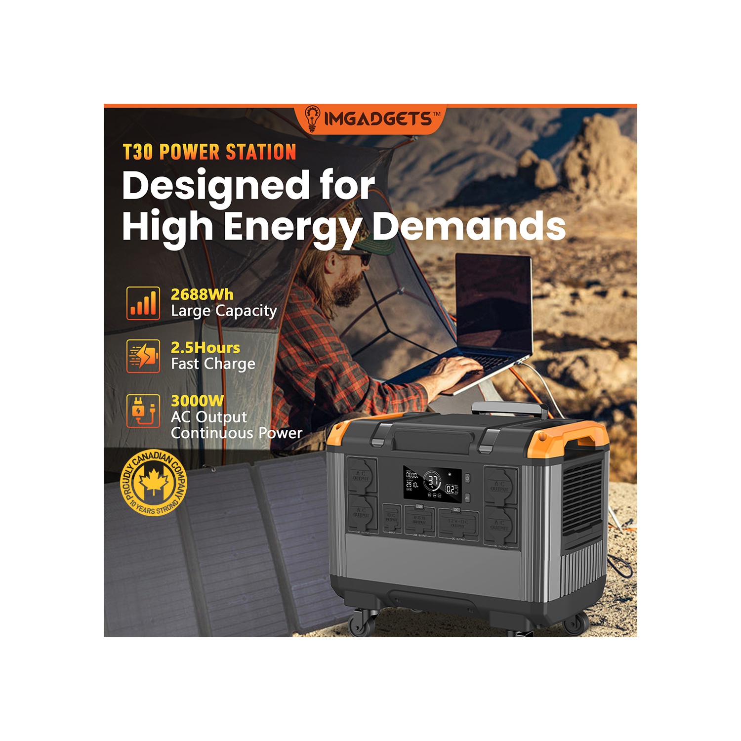 IMGadgets 2688Wh Portable Power Station with LiFePO4 Battery, 3000W AC output, 3 xDC outputs, 4 x USB outputs, 2 x Type-C outputs