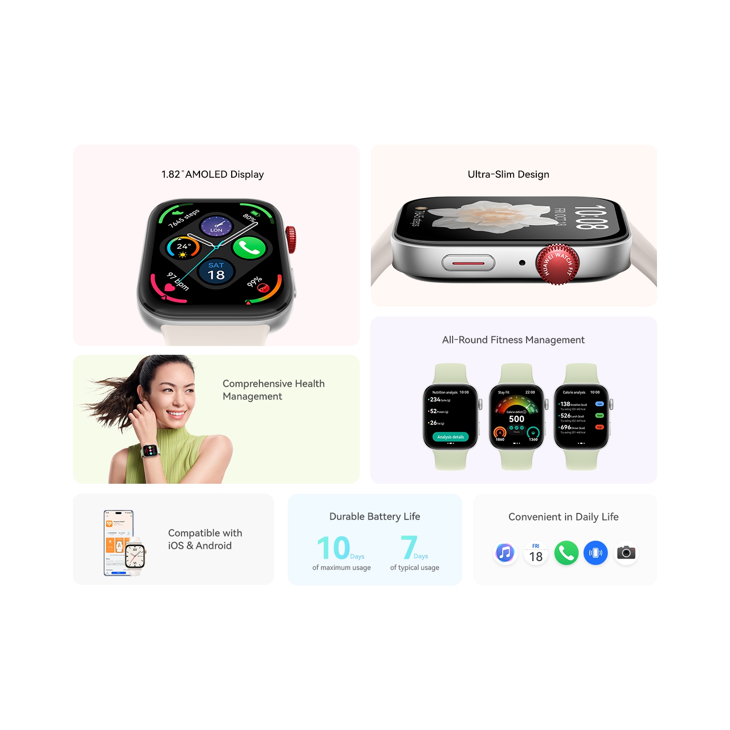 HUAWEI WATCH FIT 3,1.82" AMOLED Display ,Ultra-Slim Design,All-Round Fitness Management,Comprehensive Health Management,Durable Battery