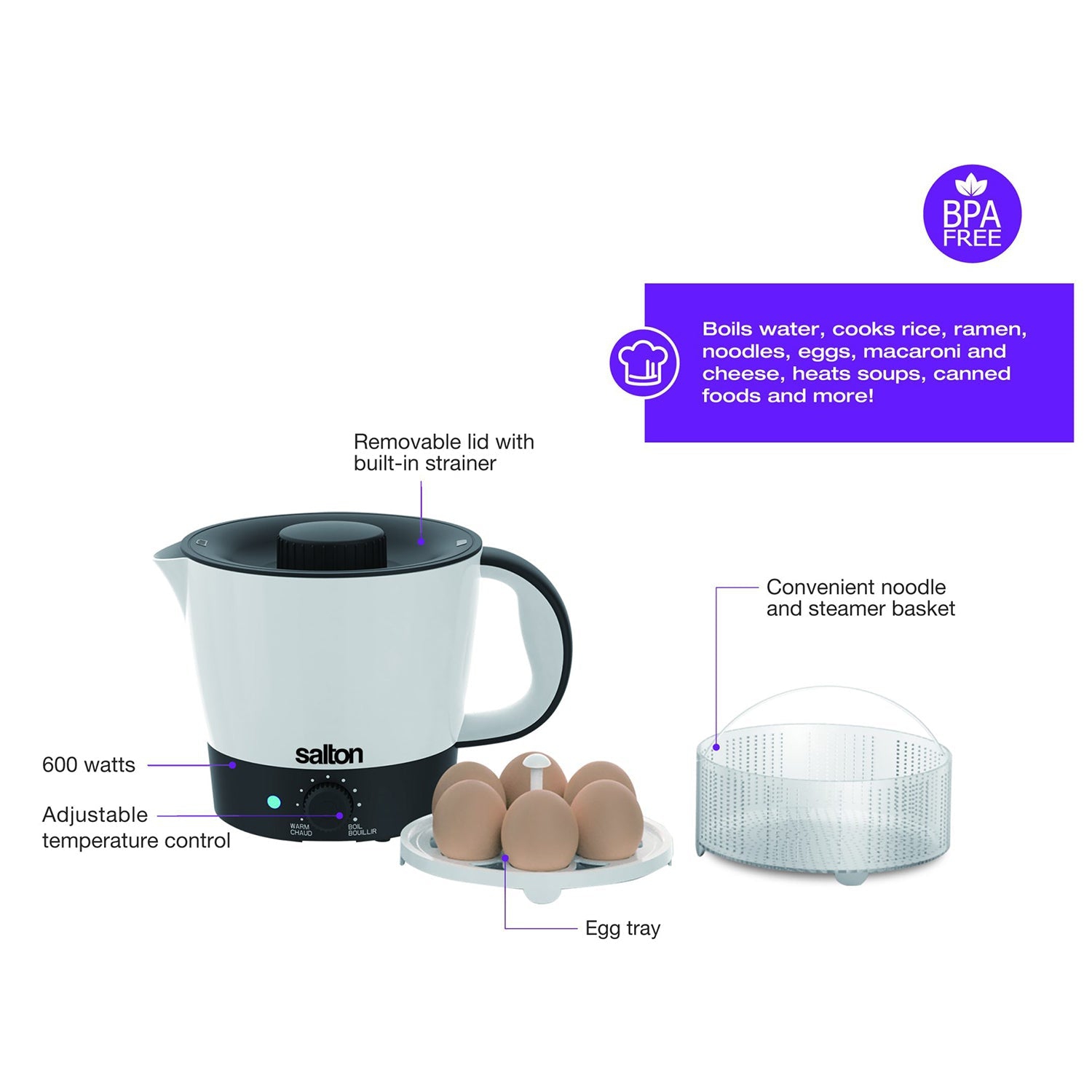 Salton - MultiPot Multicooker, Non-Stick Coating, Adjustable Temperature, White