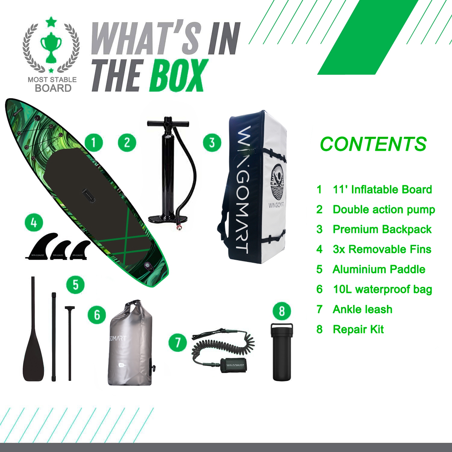 Planche à rame gonflable large GREEN EMERALD de 11ft x 33 po, planche large ultra stable pour 2&nbsp;personnes/375LB personnes entièrement équipée