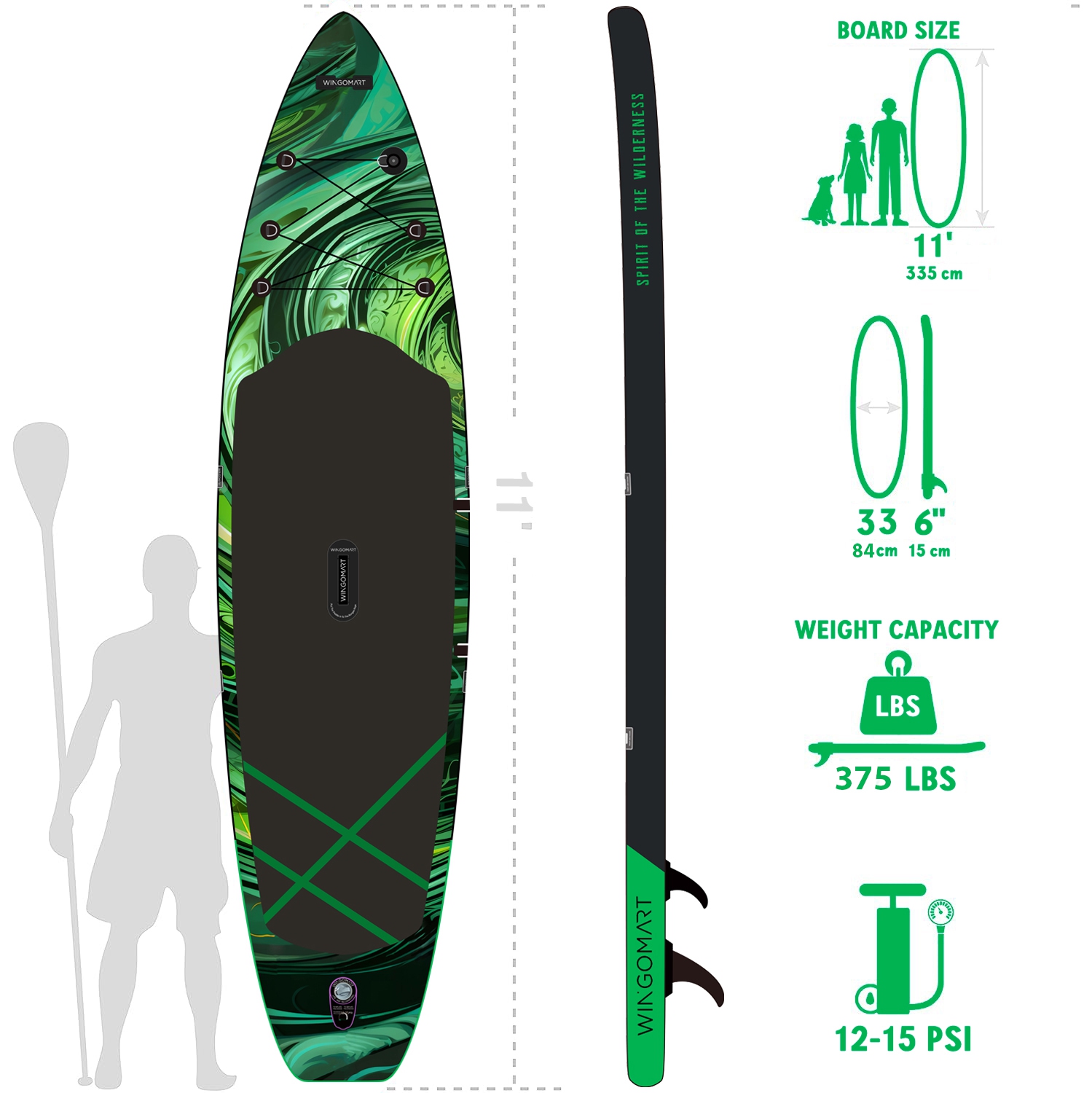 Planche à rame gonflable large GREEN EMERALD de 11ft x 33 po, planche large ultra stable pour 2&nbsp;personnes/375LB personnes entièrement équipée