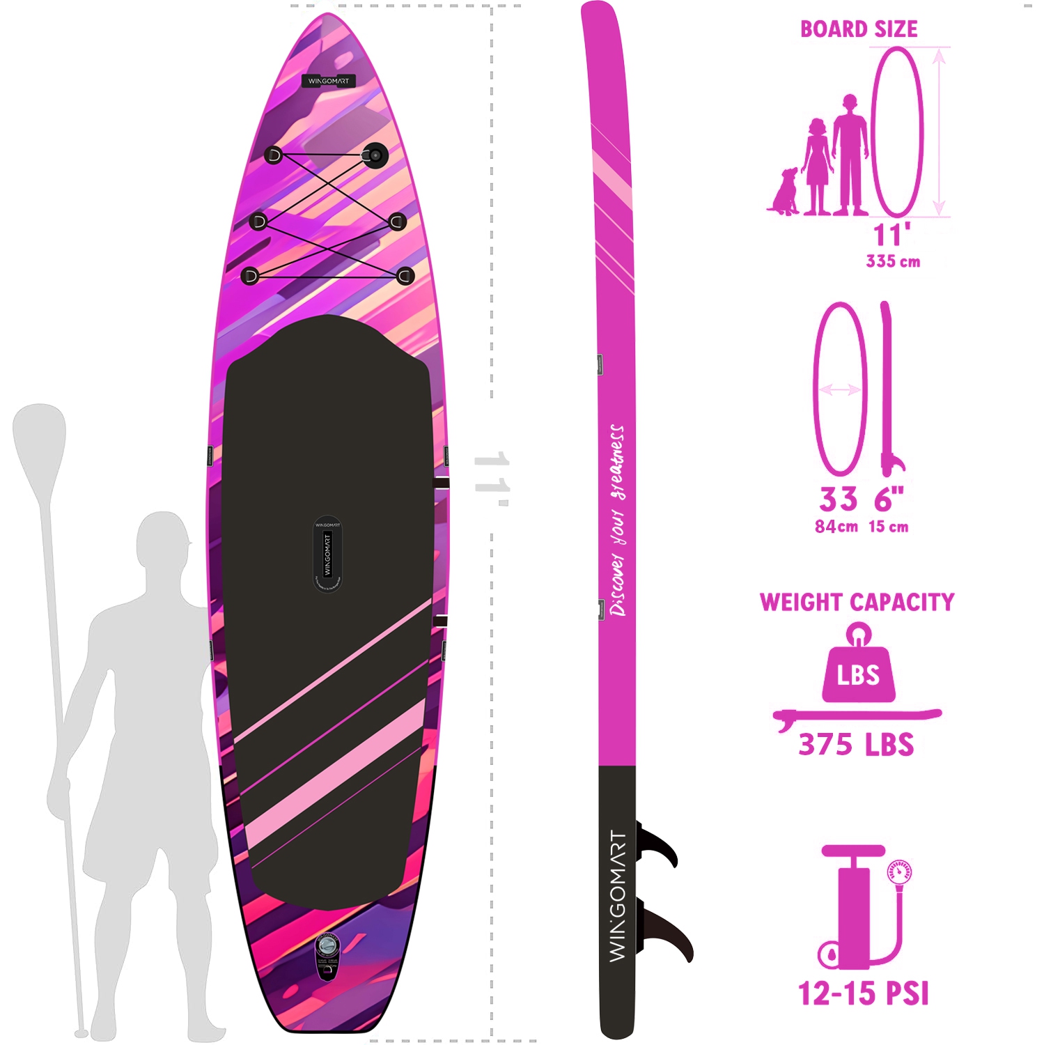 Planche à rame gonflable très large de 11ft x 33 po NEON de FUSION, planche large très stable pour 2&nbsp;personnes/375LB personnes entièrement