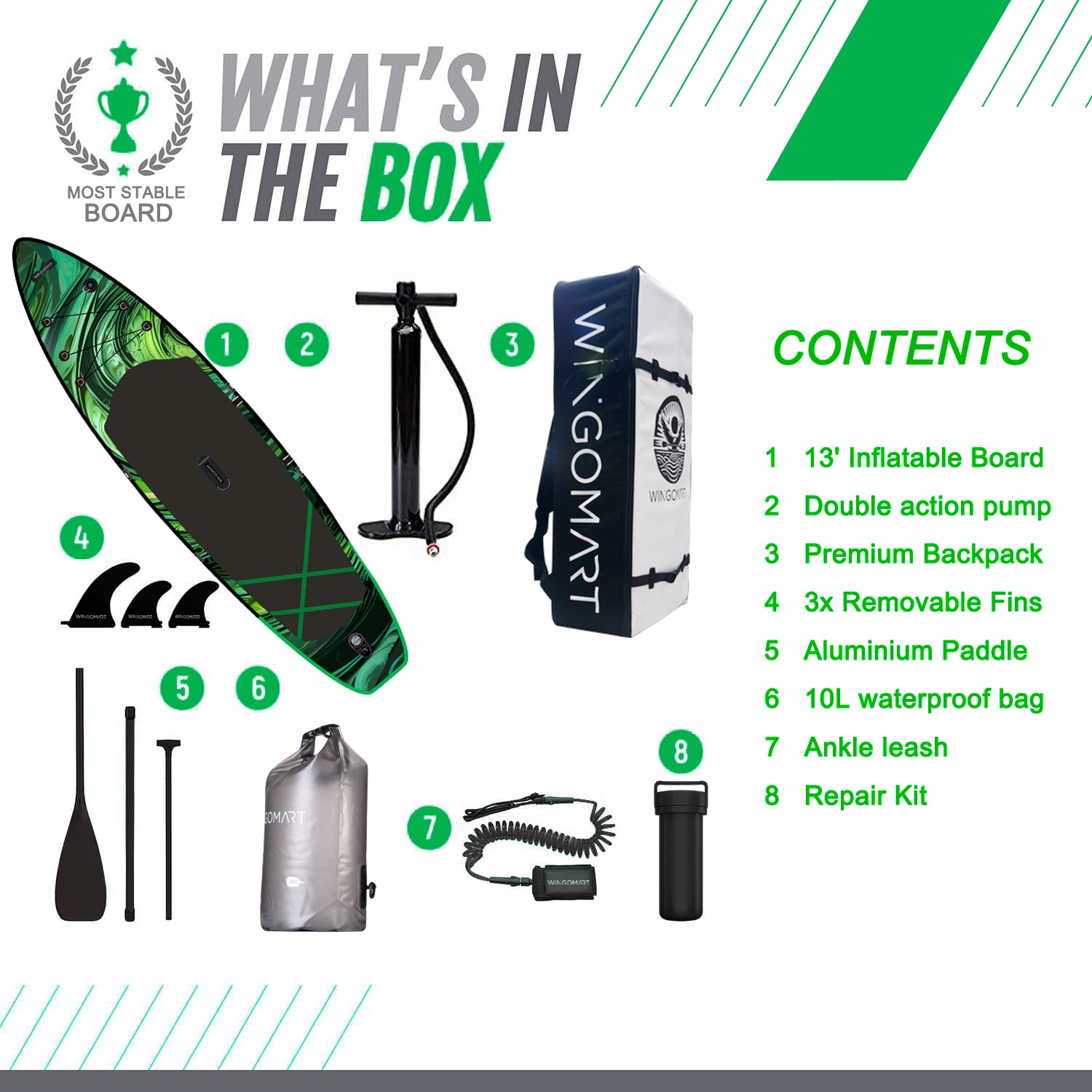 Planche à rame gonflable géante 13FT x 37 po VERT ÉMERAUDE, planche large ultra stable pour 3&nbsp;personnes/480LB personnes entièrement équipée avec