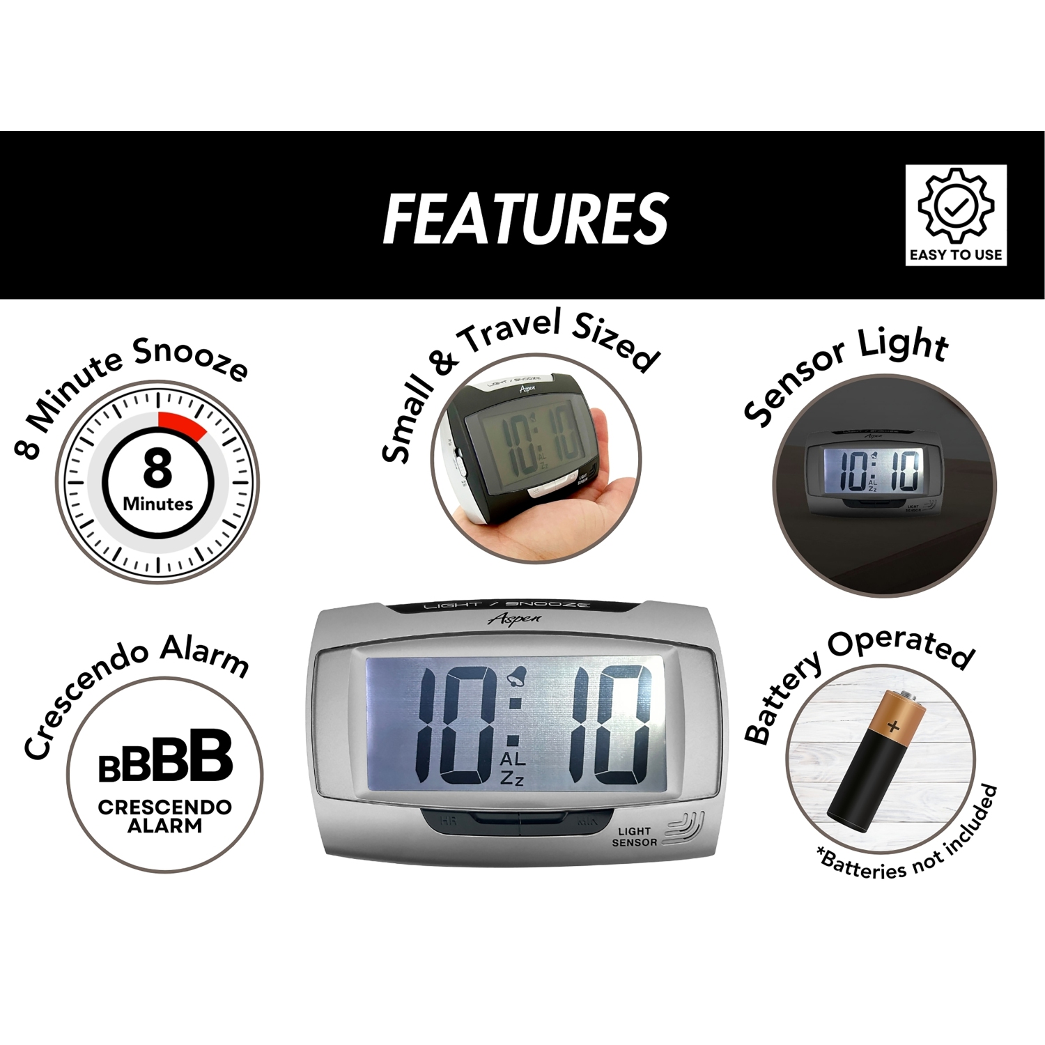 Small Digital Alarm Clock with Sensor Night Light & Snooze - Loud Ascending Alarm - 12/24H, Big Numbers - Battery Operated - Grey