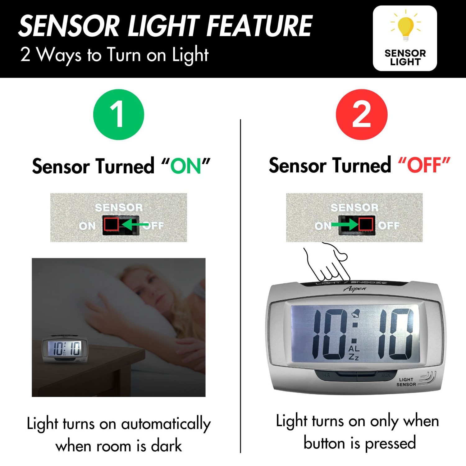 Small Digital Alarm Clock with Sensor Night Light & Snooze - Loud Ascending Alarm - 12/24H, Big Numbers - Battery Operated - Grey