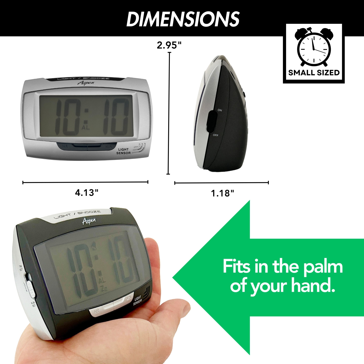 Small Digital Alarm Clock with Sensor Night Light & Snooze - Loud Ascending Alarm - 12/24H, Big Numbers - Battery Operated - Grey