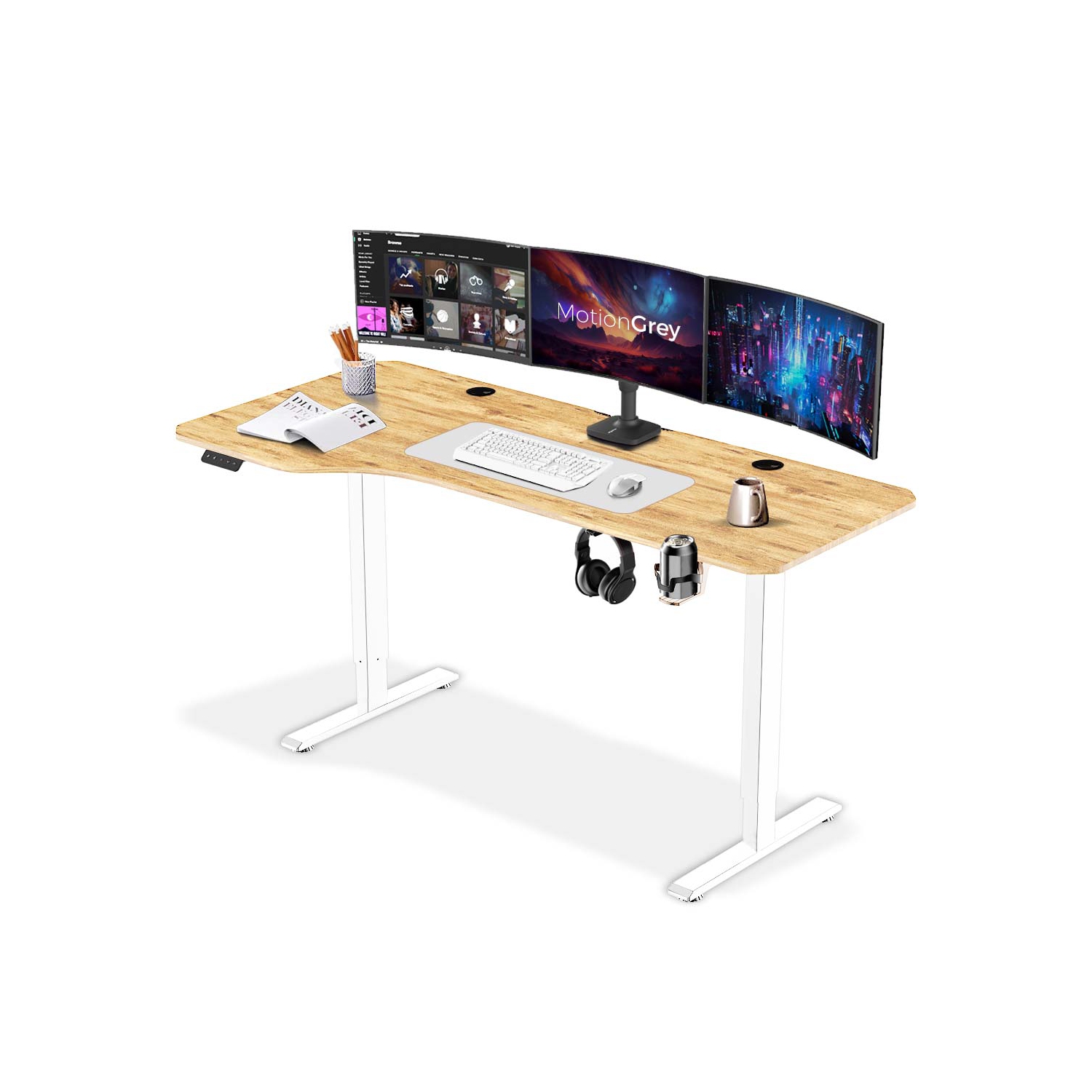 MotionGrey - Height Adjustable L Shaped Standing Desk, Corner Desk, L Shape Desk, Computer Electric Sit Stand Desk Stand - Motorized Frame - Left TableTop (Light Brown, 63"x24)