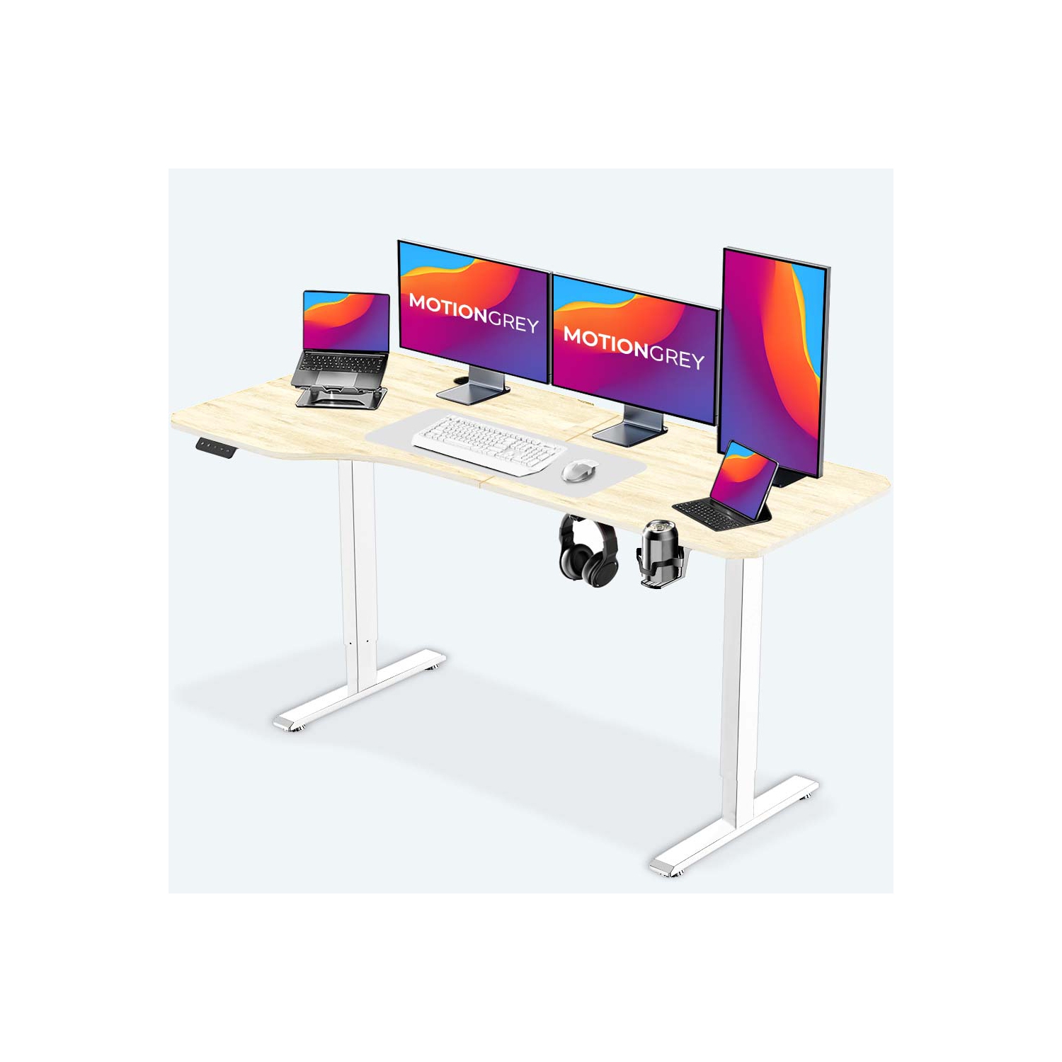 MotionGrey - Height Adjustable L Shaped Standing Desk, Corner Desk, L Shape Desk, Computer Electric Sit Stand Desk Stand - Motorized Frame - Left TableTop (Light Brown, 63"x24)