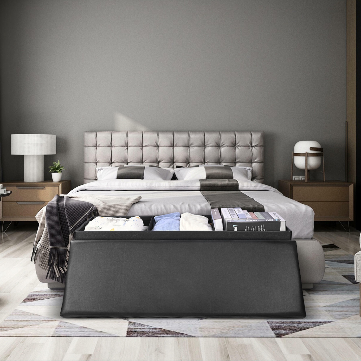 45 Inches Foldable Storage Ottoman Bench, Faux Leather Storage Bench, Storage Chest Padded Seat Footrest Stool, Black