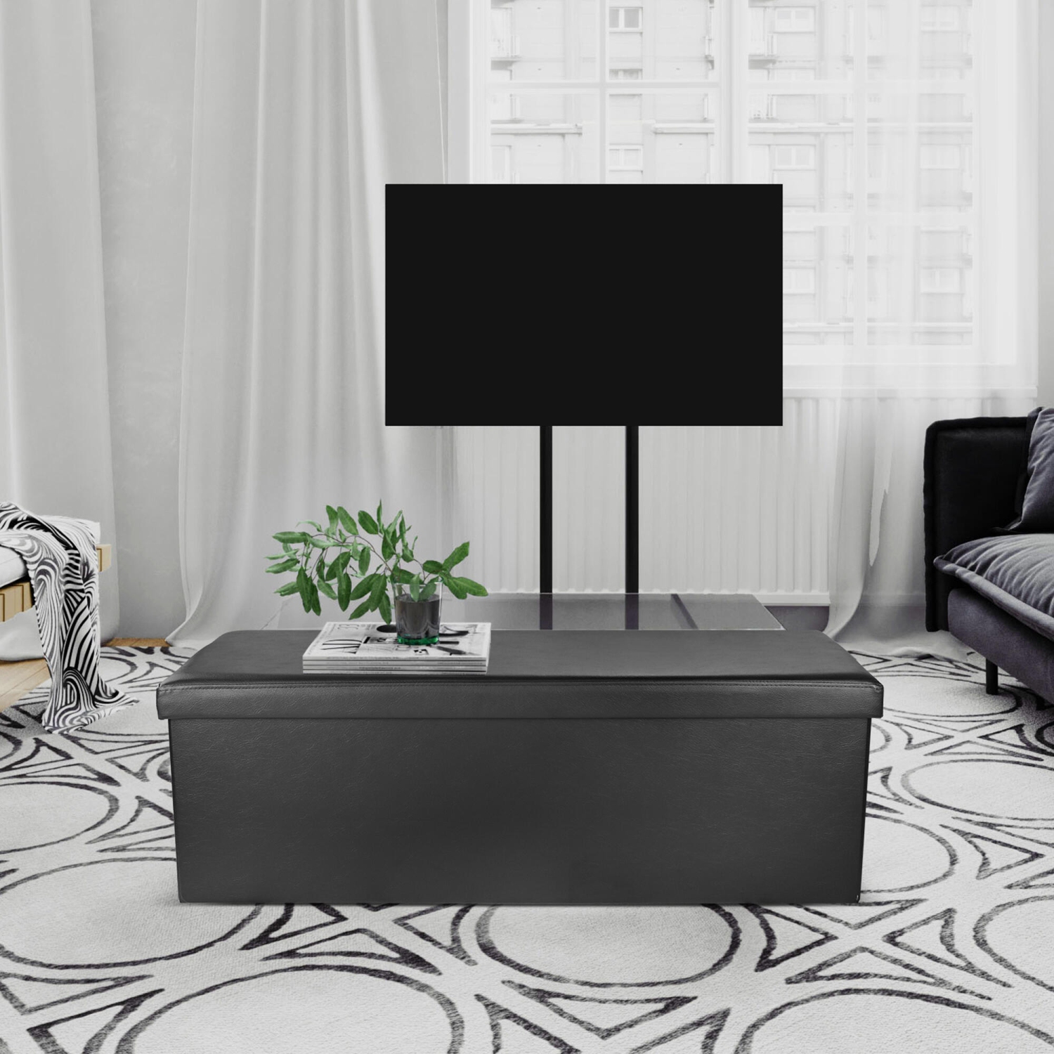 45 Inches Foldable Storage Ottoman Bench, Faux Leather Storage Bench, Storage Chest Padded Seat Footrest Stool, Black