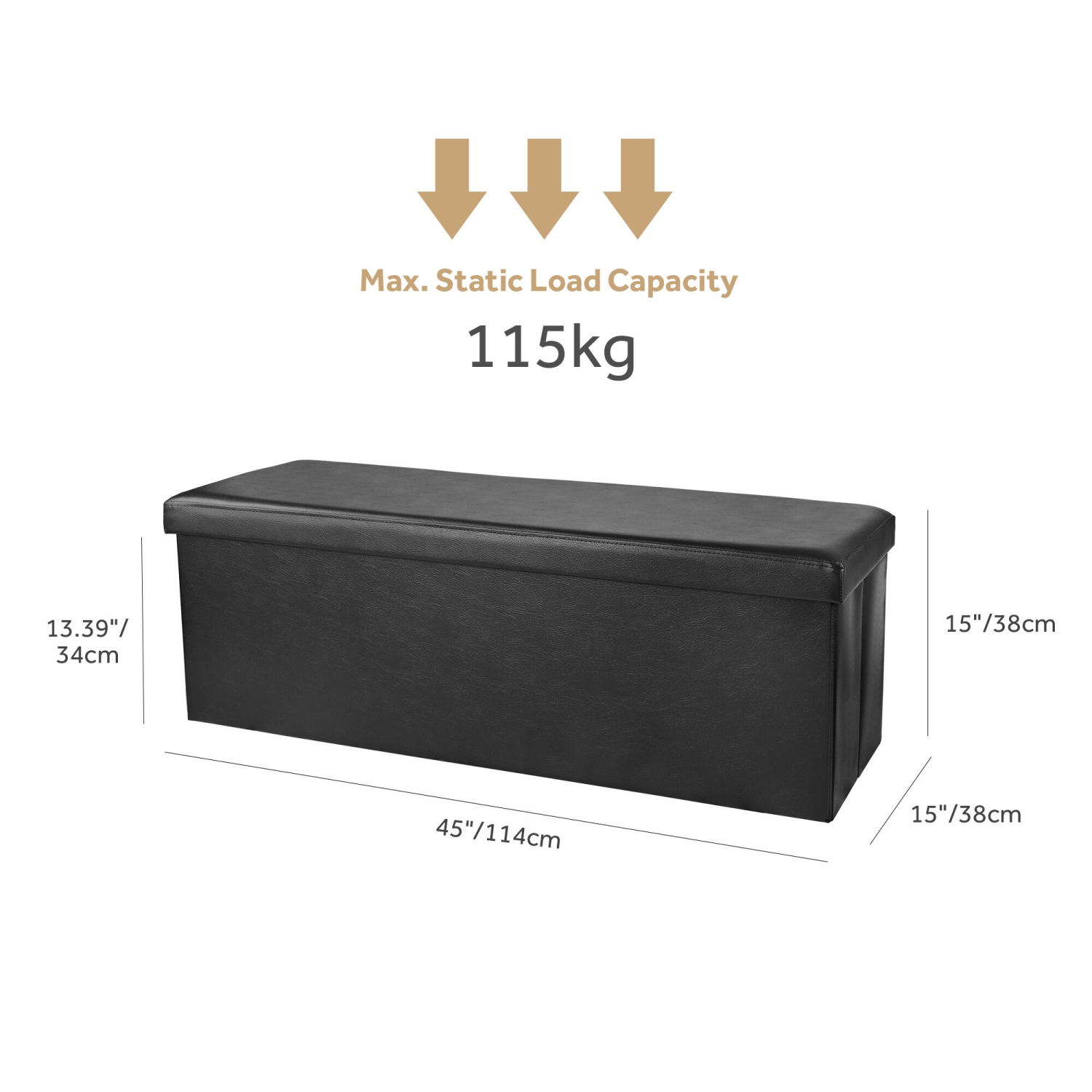 45 Inches Foldable Storage Ottoman Bench, Faux Leather Storage Bench, Storage Chest Padded Seat Footrest Stool, Black