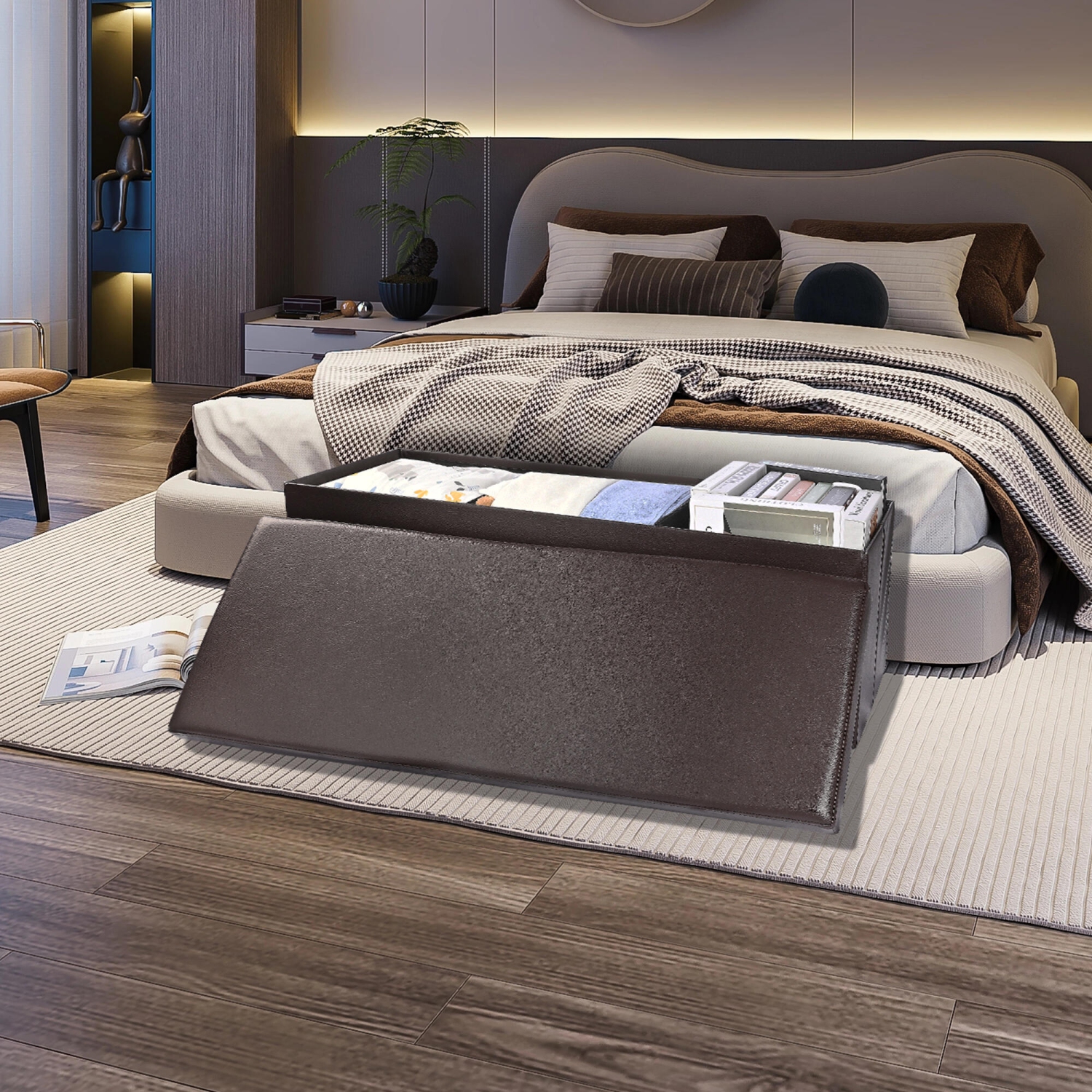 45 Inches Foldable Storage Ottoman Bench, Faux Leather Storage Bench, Storage Chest Padded Seat Footrest Stool, Brown