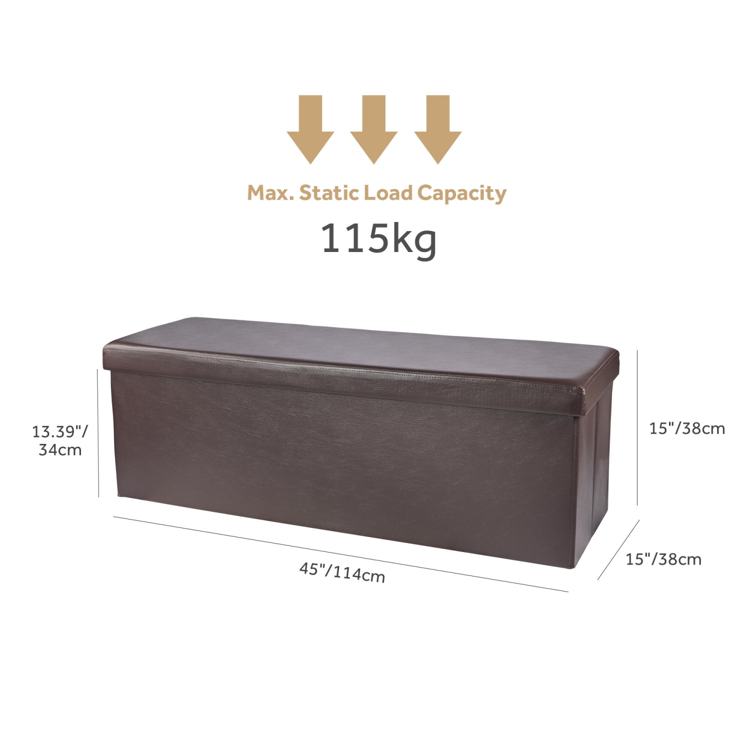 45 Inches Foldable Storage Ottoman Bench, Faux Leather Storage Bench, Storage Chest Padded Seat Footrest Stool, Brown