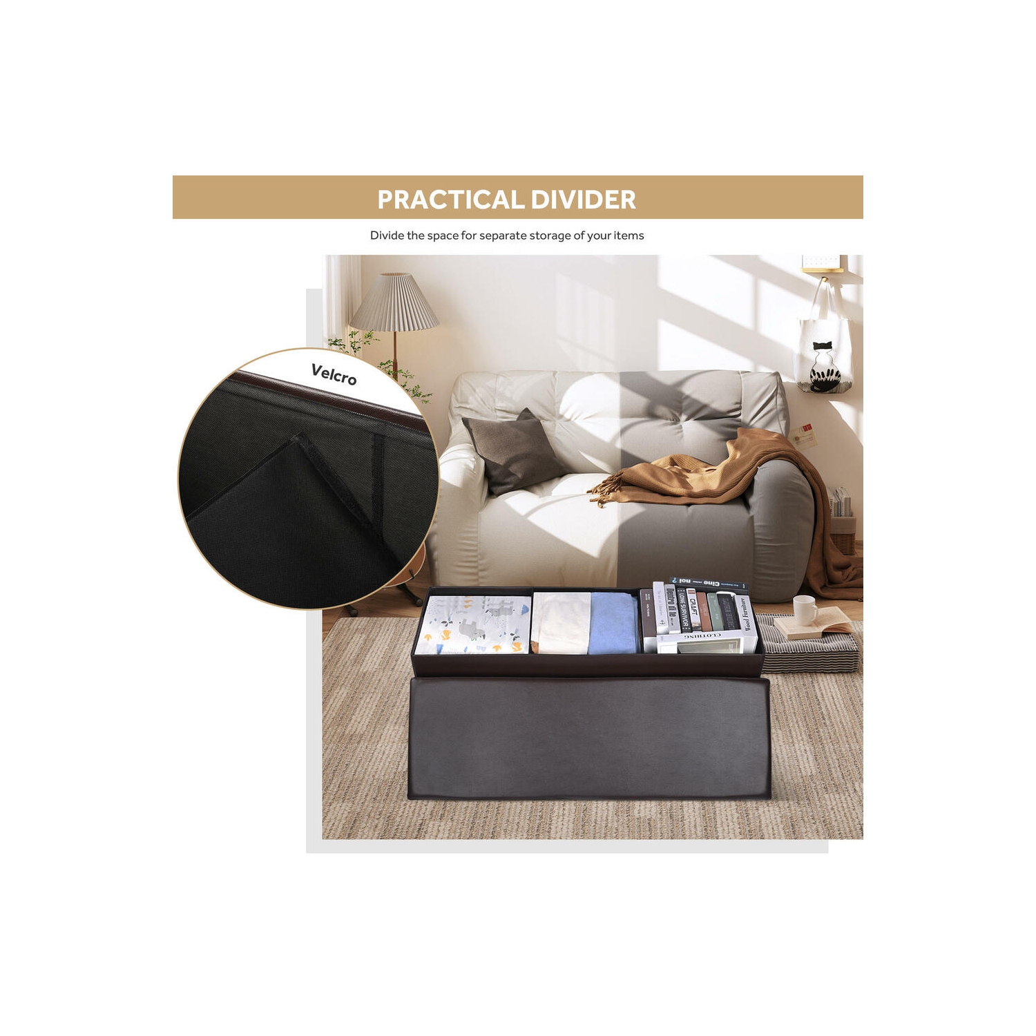 45 Inches Foldable Storage Ottoman Bench, Faux Leather Storage Bench, Storage Chest Padded Seat Footrest Stool, Brown