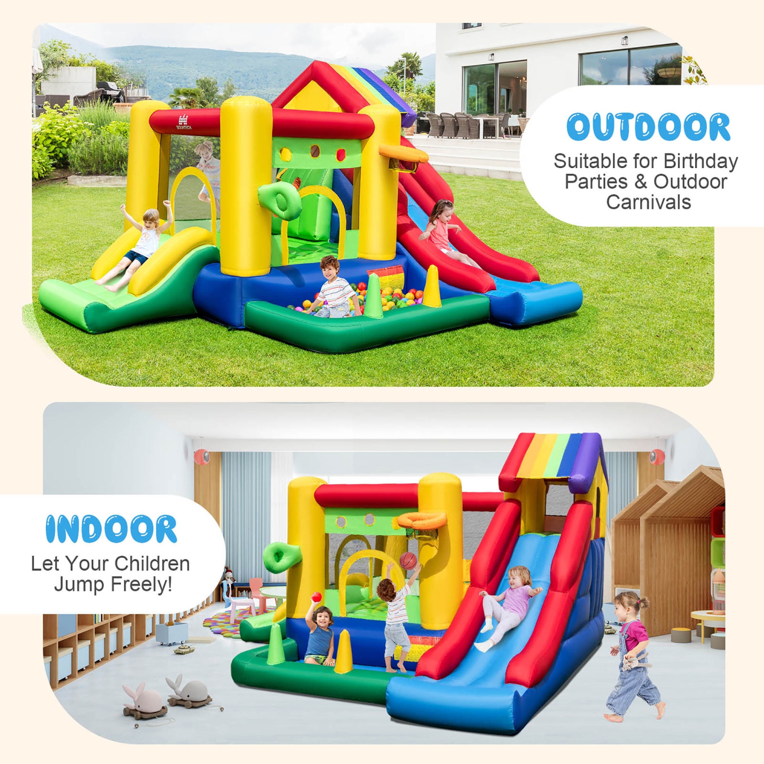 Costway Colorful Rainbow Kids Inflatable Bounce Castle with 50 Ocean Balls & 735W Blower