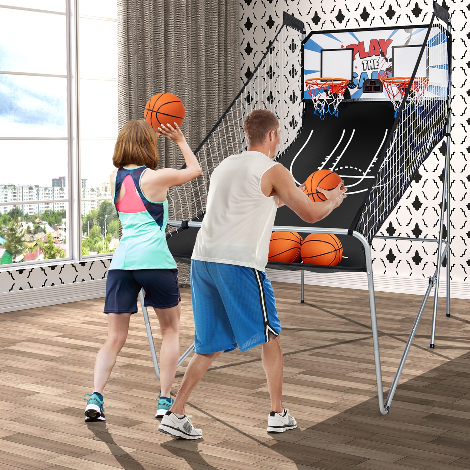 Jeu d'arcade de basketball à deux DEL Electronic Shot de Costway avec 8 modes de jeu; 4 balles pliables