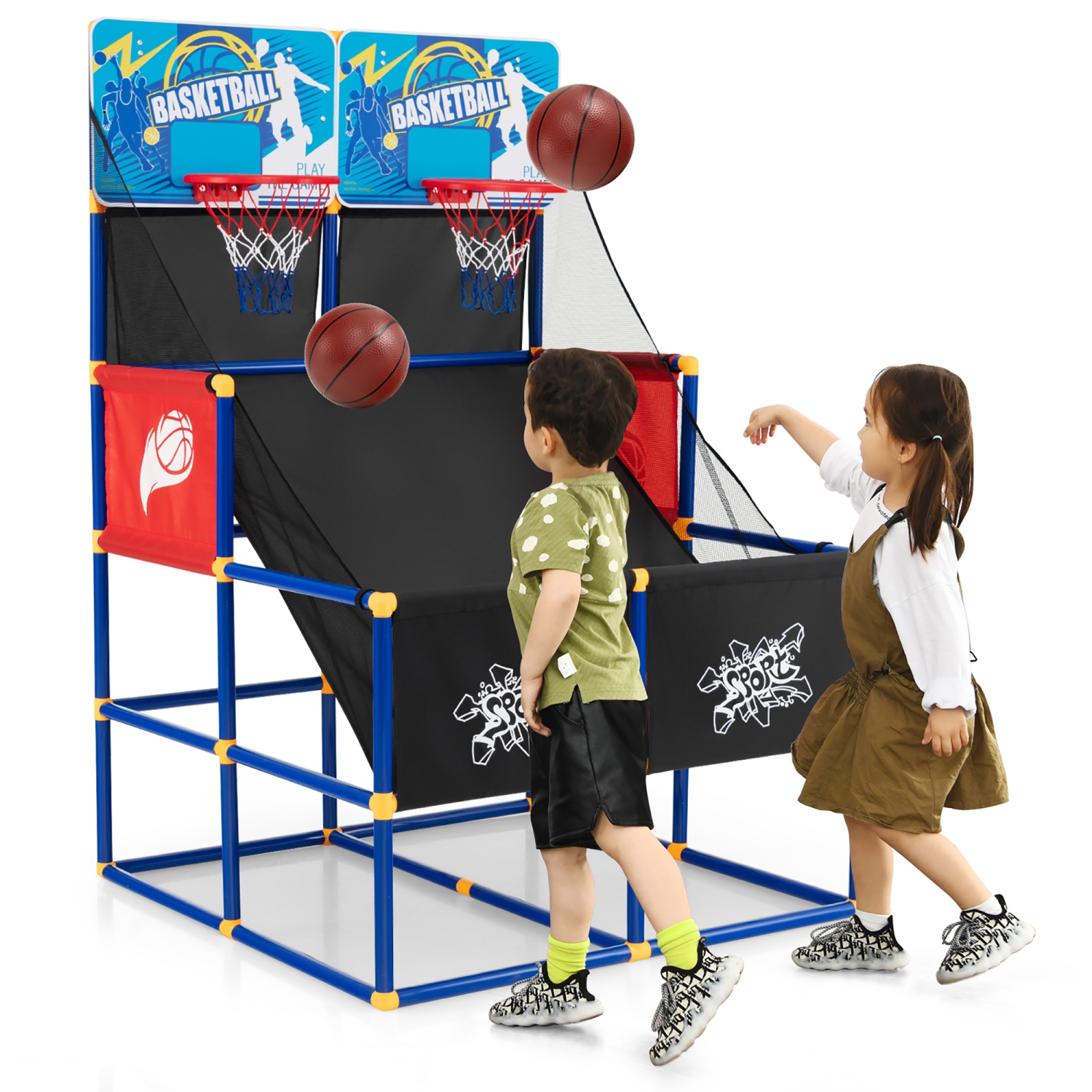 Jeu d'arcade de basketball Dual Shot de Costway pour enfants avec 4 balles pompe assemblage rapide facile cadeau