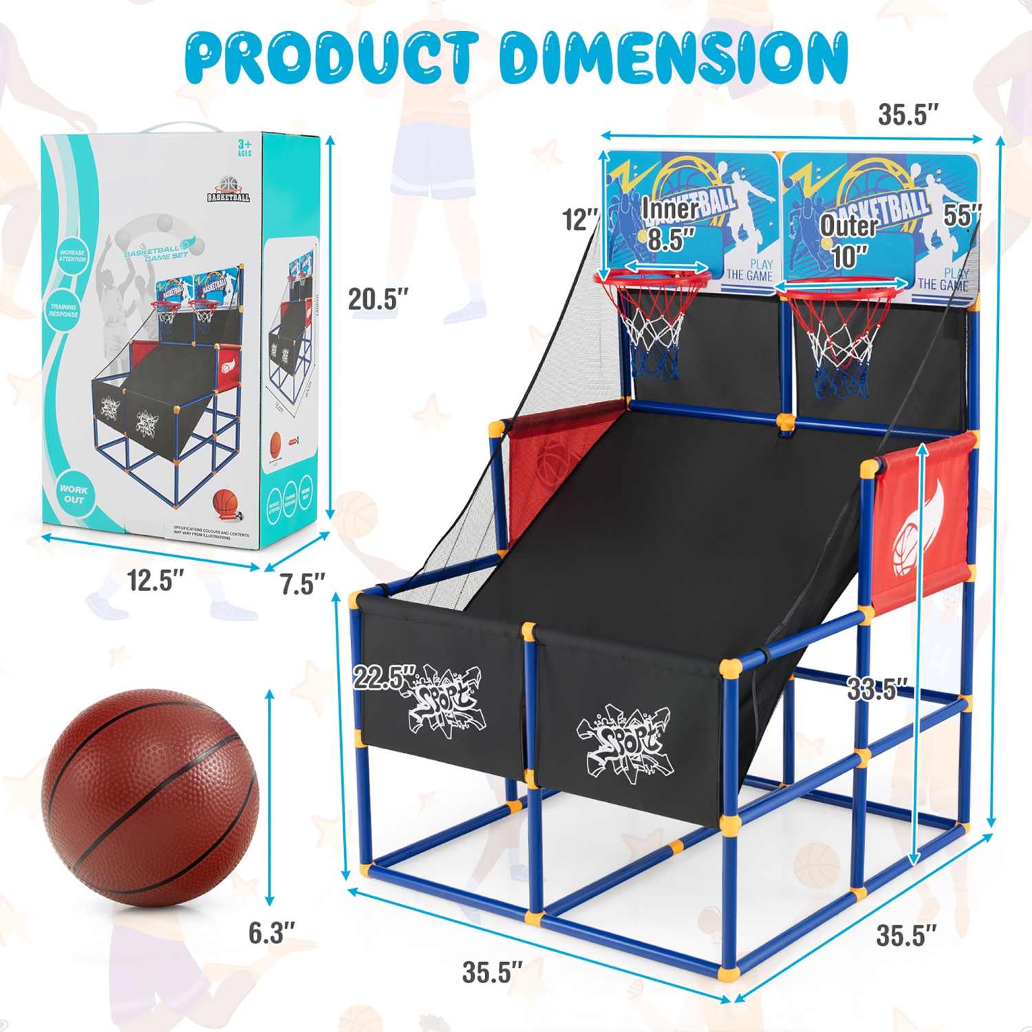 Jeu d'arcade de basketball Dual Shot de Costway pour enfants avec 4 balles pompe assemblage rapide facile cadeau