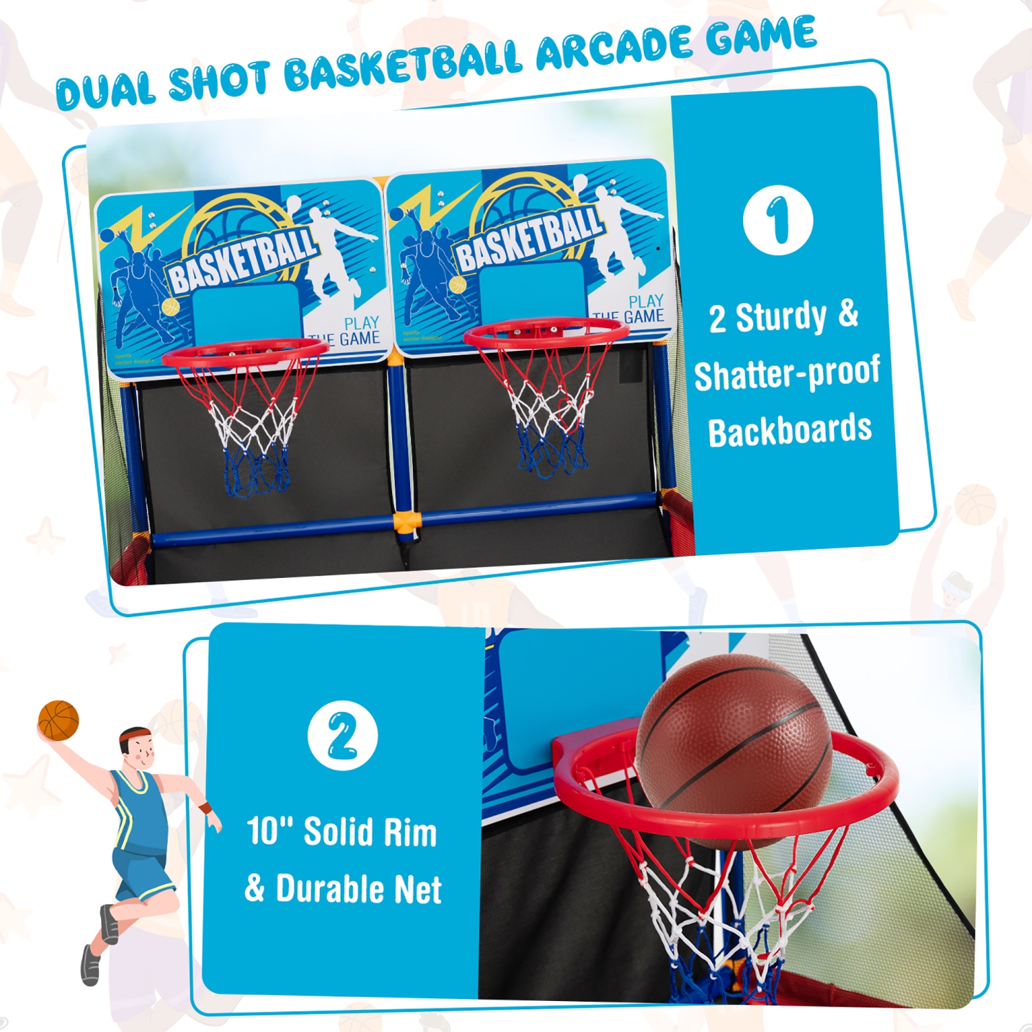 Jeu d'arcade de basketball Dual Shot de Costway pour enfants avec 4 balles pompe assemblage rapide facile cadeau