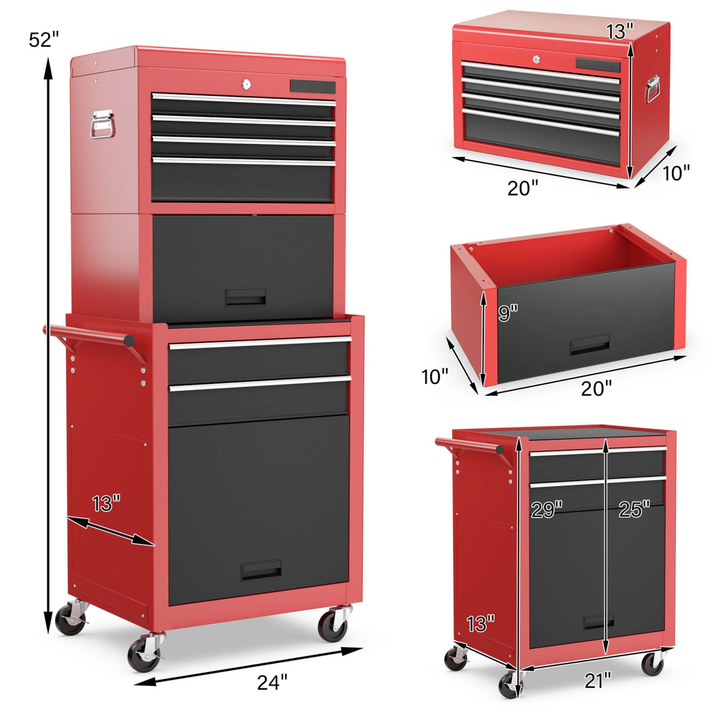Costway 6-Drawer Rolling Tool Chest Storage Cabinet w/Riser Red\Black
