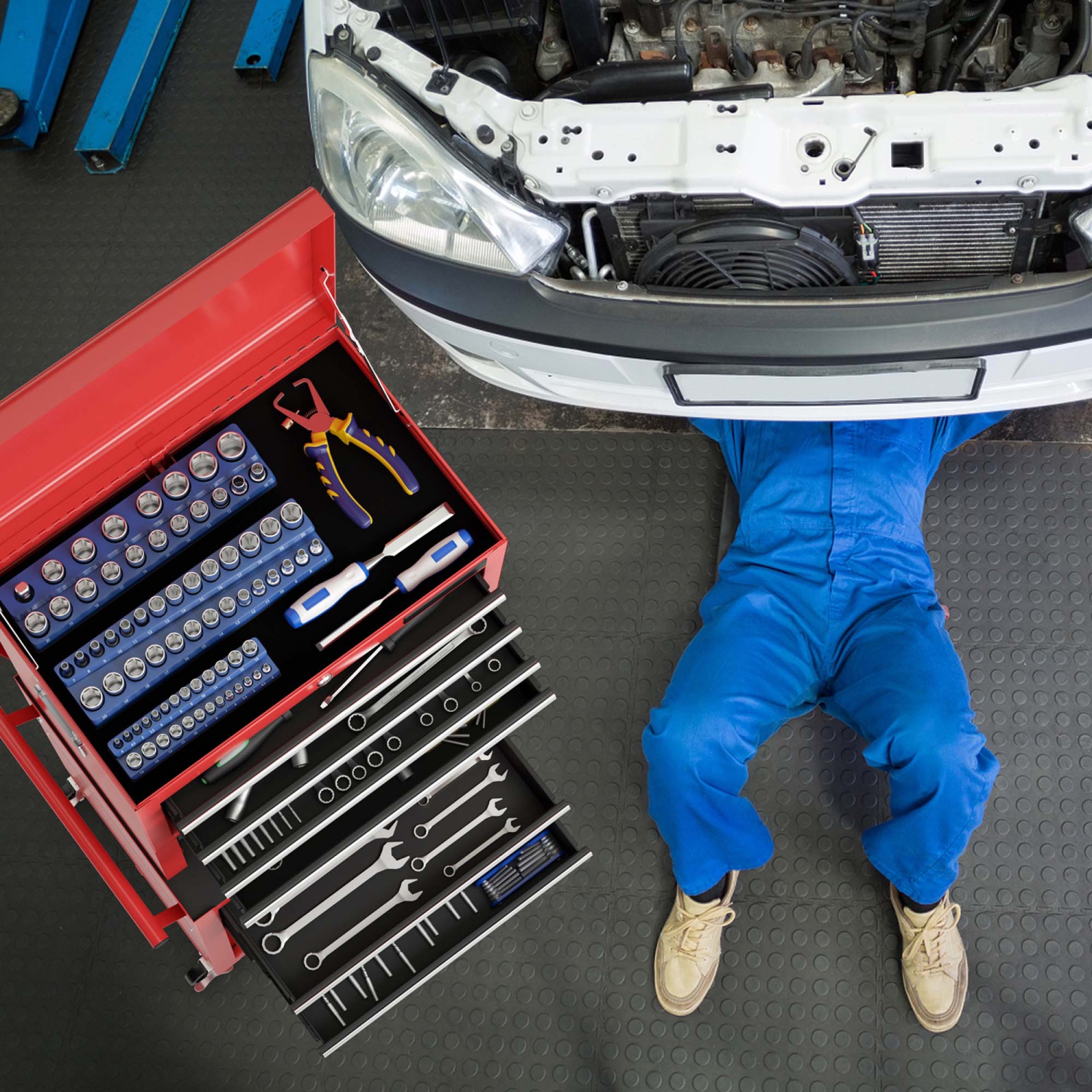 Costway 6-Drawer Rolling Tool Chest Storage Cabinet w/Riser Red\Black
