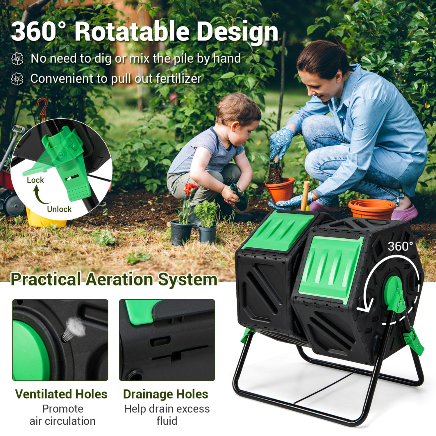 CoCostway – gobelet double chambre Compost extérieur rotatif bac à compost, 34,5 gallons