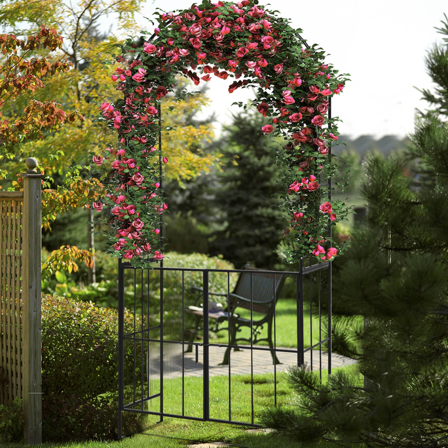 Costway Garden Arch Arbor Trellis with Gate 7.5 ft Patio Archway Pergola for Wedding