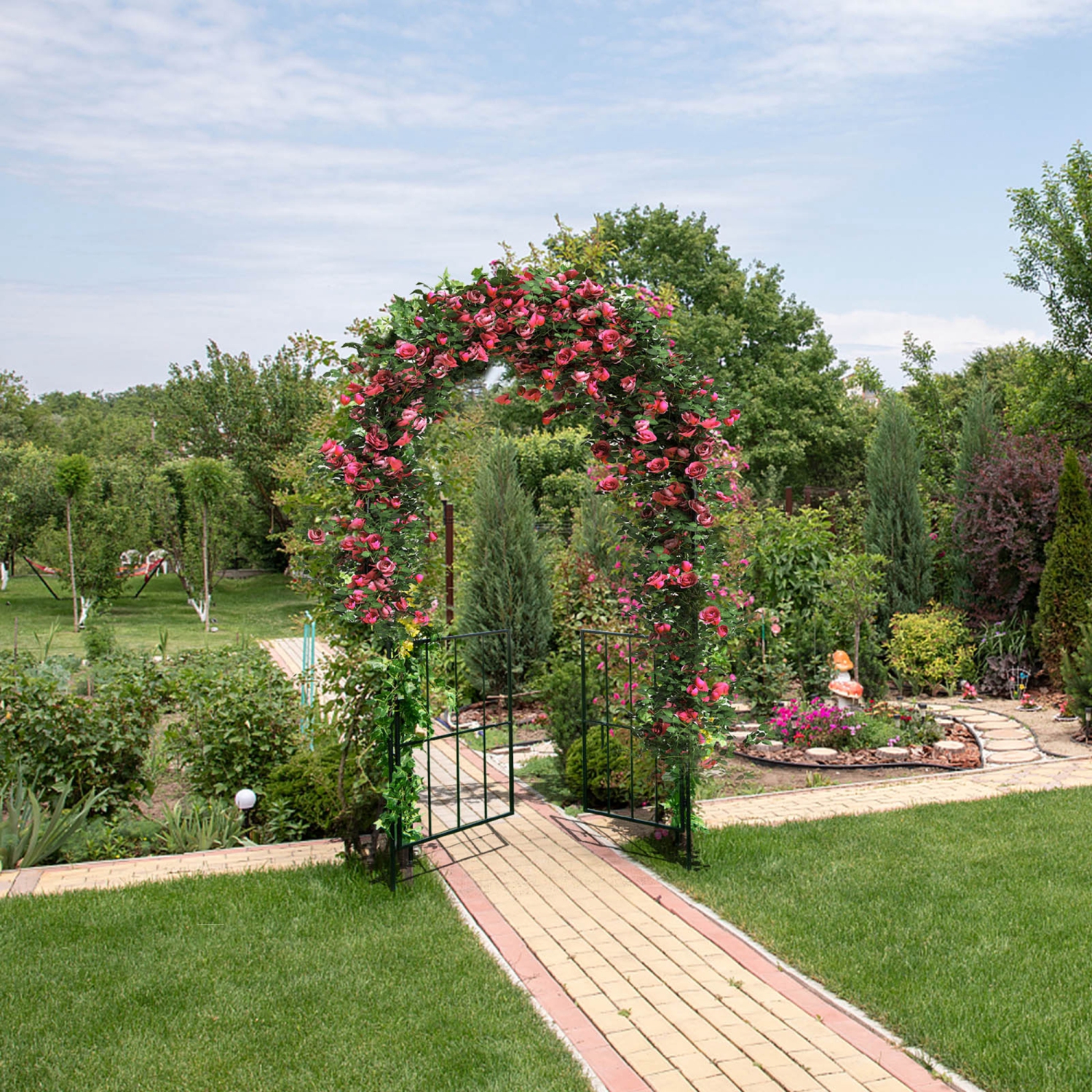 Costway Garden Arch Arbor Trellis with Gate 7.5 ft Patio Archway Pergola for Wedding