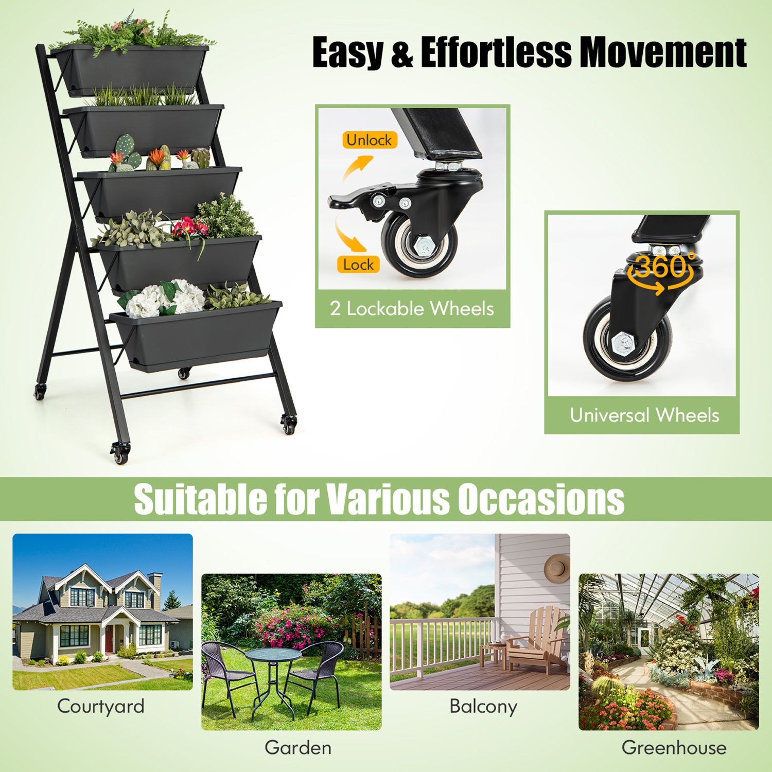 Jardinière surélevée verticale à 5 niveaux avec roulettes et boîtes de rangement de Costway