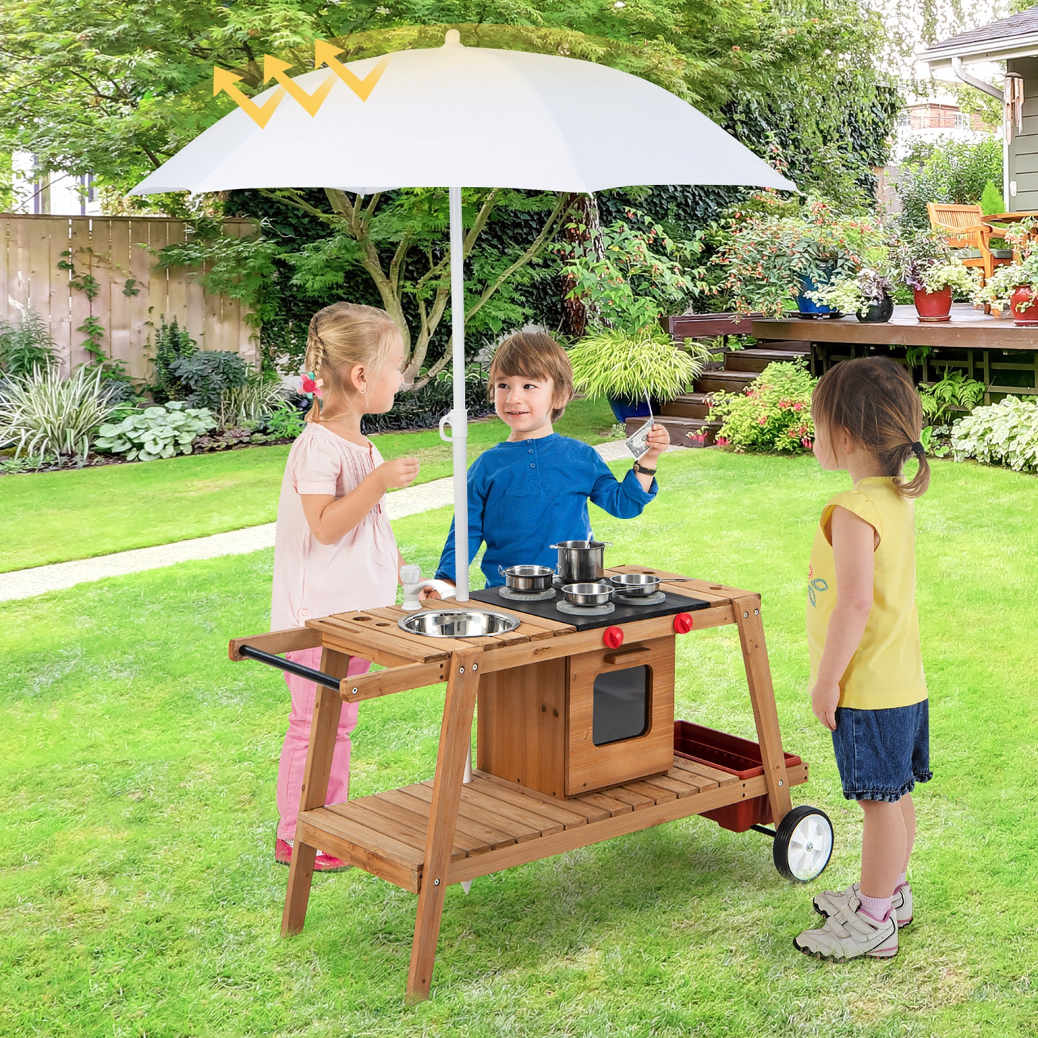Chariot d'extérieur en bois pour enfants avec parasol de Costway pour enfants de 3 ans et plus