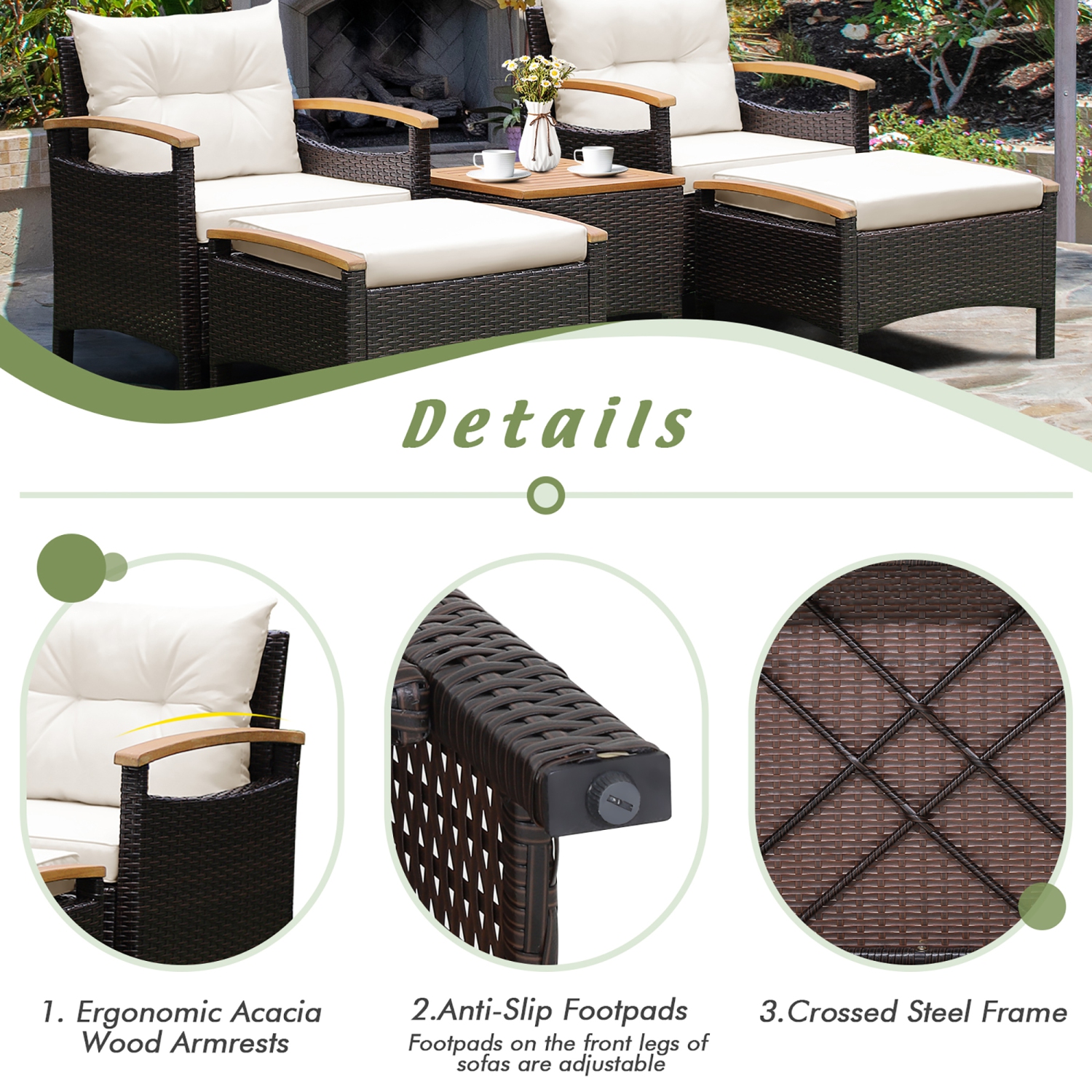 Costway 5PCS Patio Rattan Furniture Set Sofa Ottoman Cushioned Table W/Wood Top