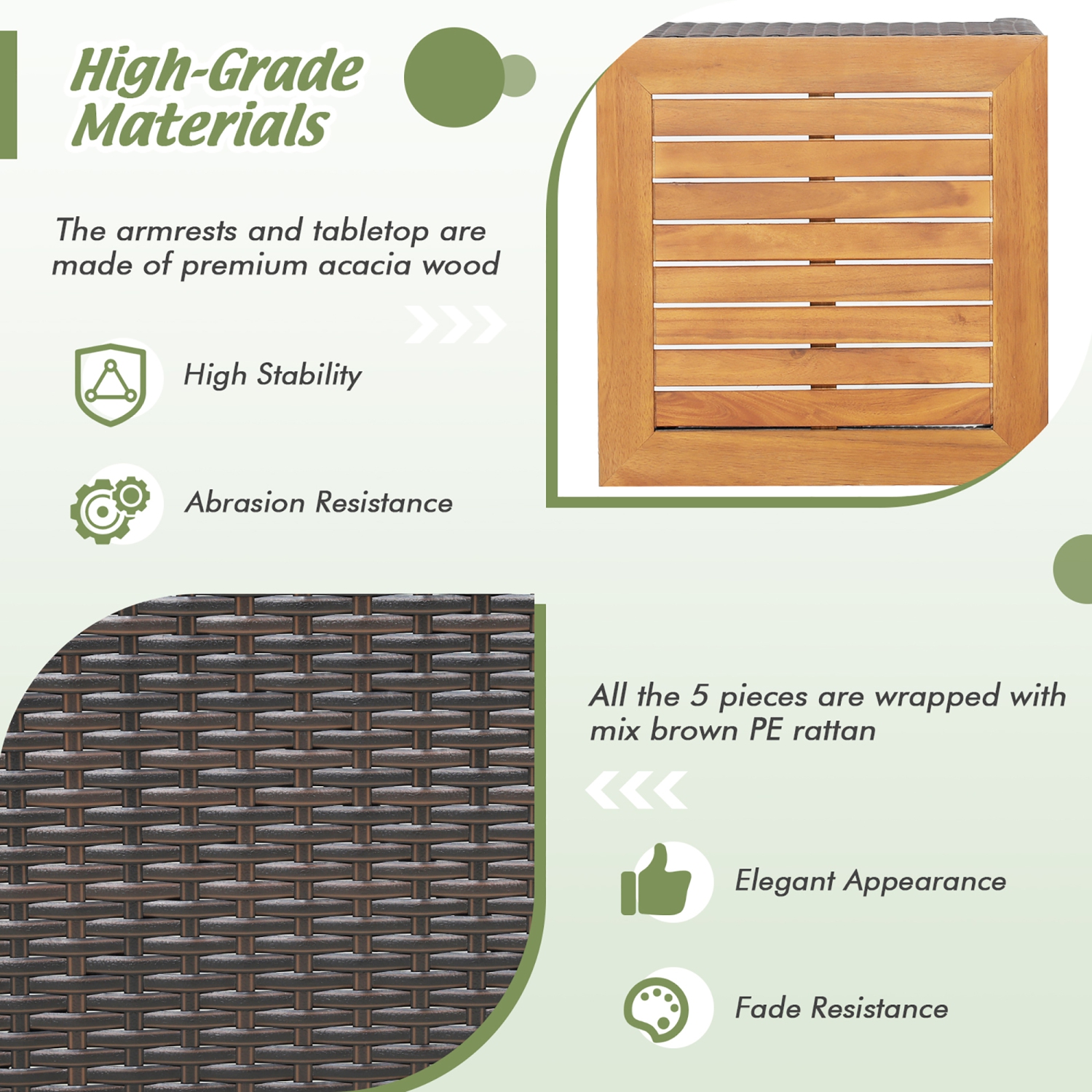 Costway 5PCS Patio Rattan Furniture Set Sofa Ottoman Cushioned Table W/Wood Top